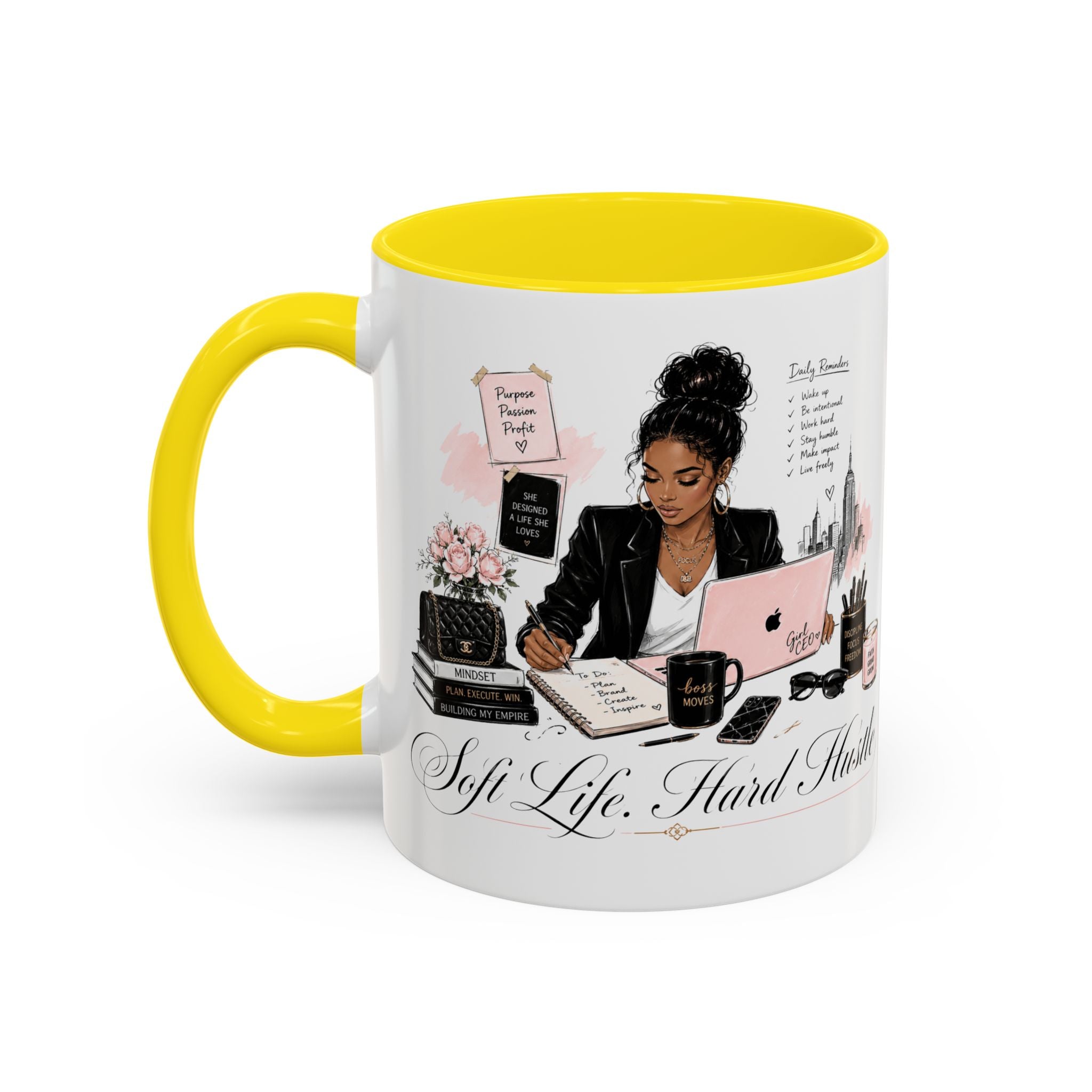 Soft Life, Hard Hustle Accent Coffee Mug – Pink & Black Motivational Office Gift