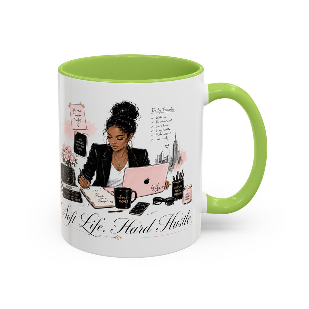Soft Life, Hard Hustle Accent Coffee Mug – Pink & Black Motivational Office Gift
