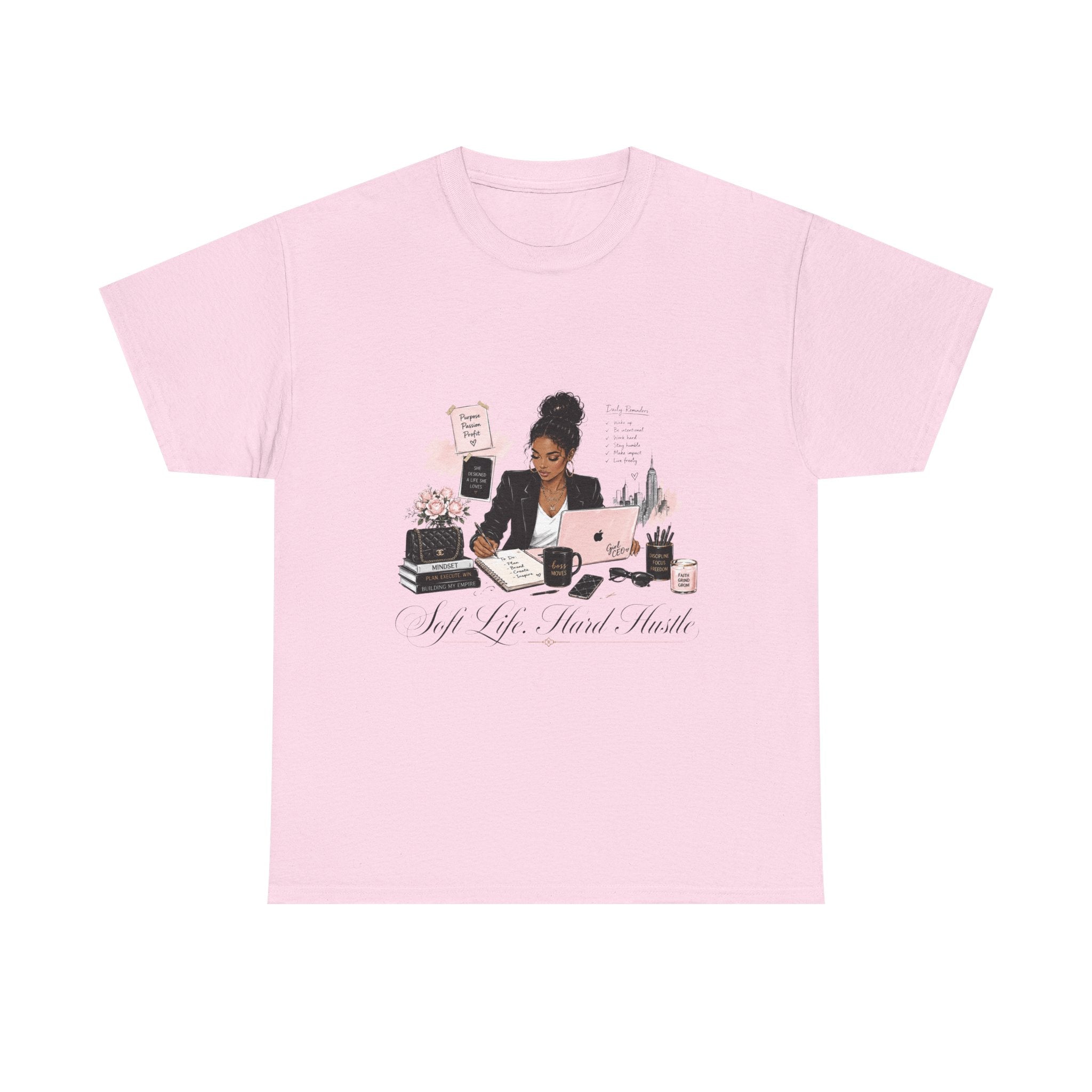 T-Shirt — Girl Boss Desk Art Tee (Soft Pink "Life. Less. Hustle" Design)