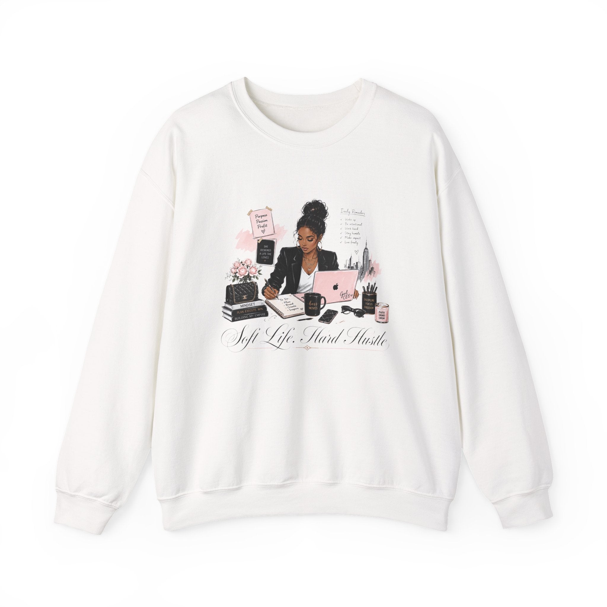 Crewneck Sweatshirt — Girl Boss Desk Illustration (“My Life, Mental Health”)