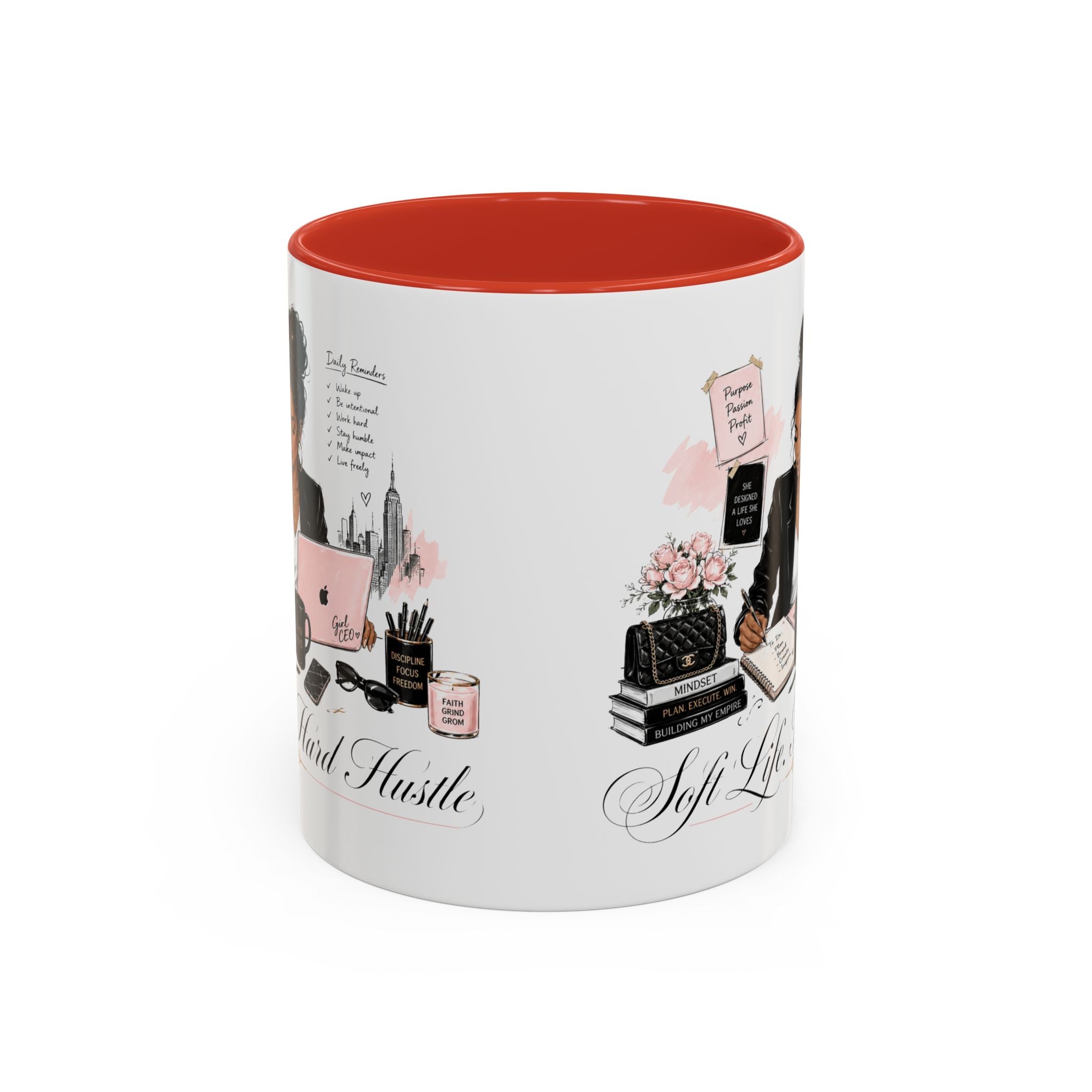 Soft Life, Hard Hustle Accent Coffee Mug – Pink & Black Motivational Office Gift