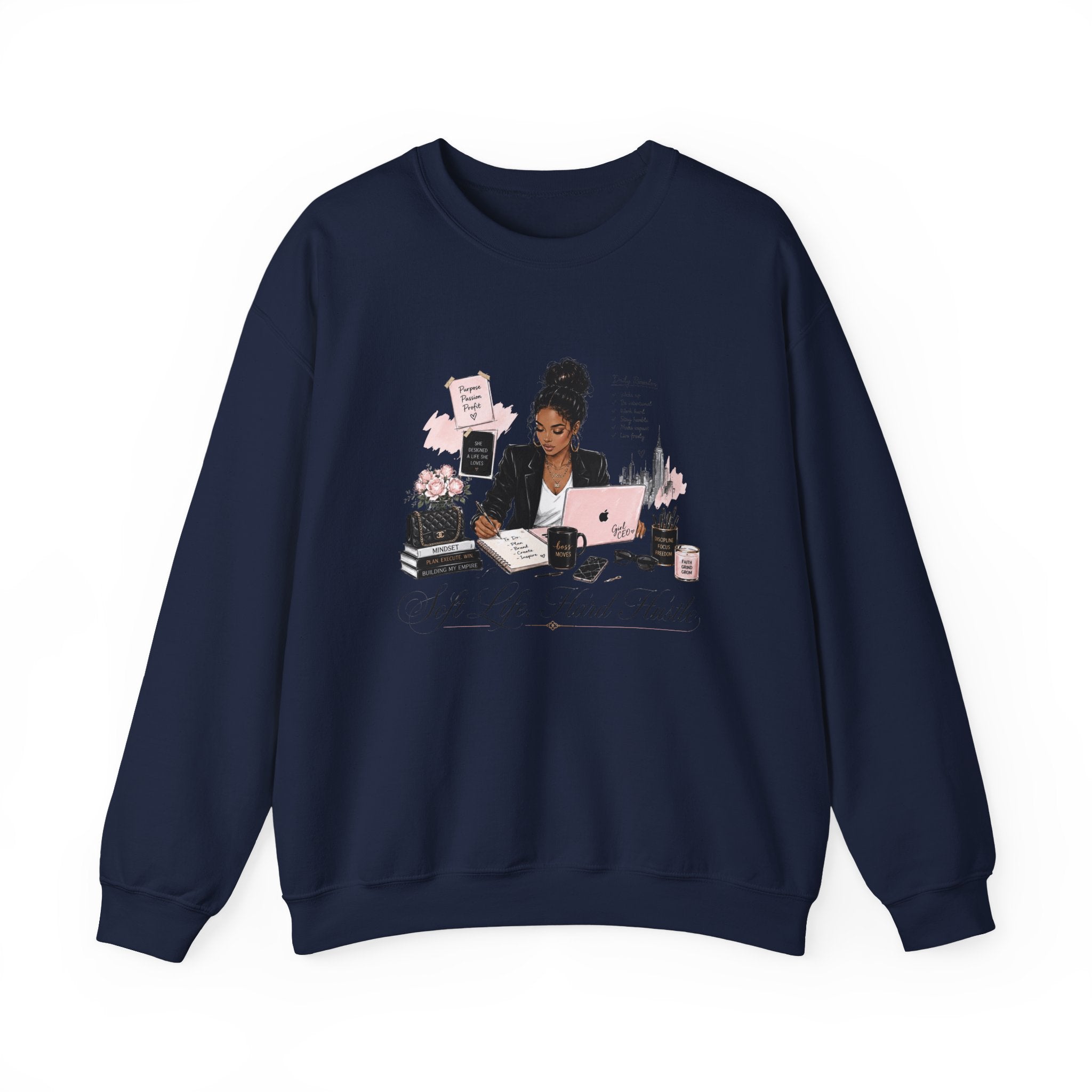 Crewneck Sweatshirt — Girl Boss Desk Illustration (“My Life, Mental Health”)