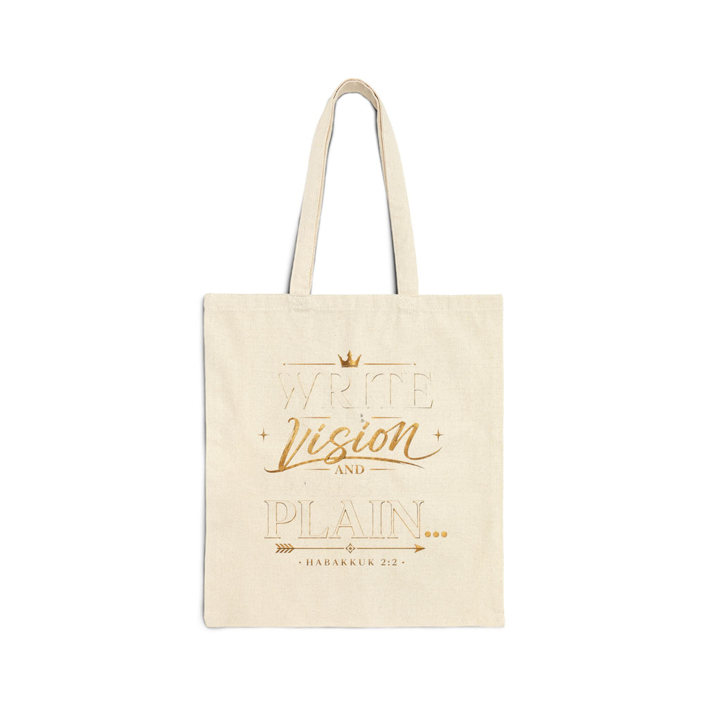 Canvas Tote Bag - 'Write The Vision, Plain' Inspirational Gold Script Tote for Writers & Creatives