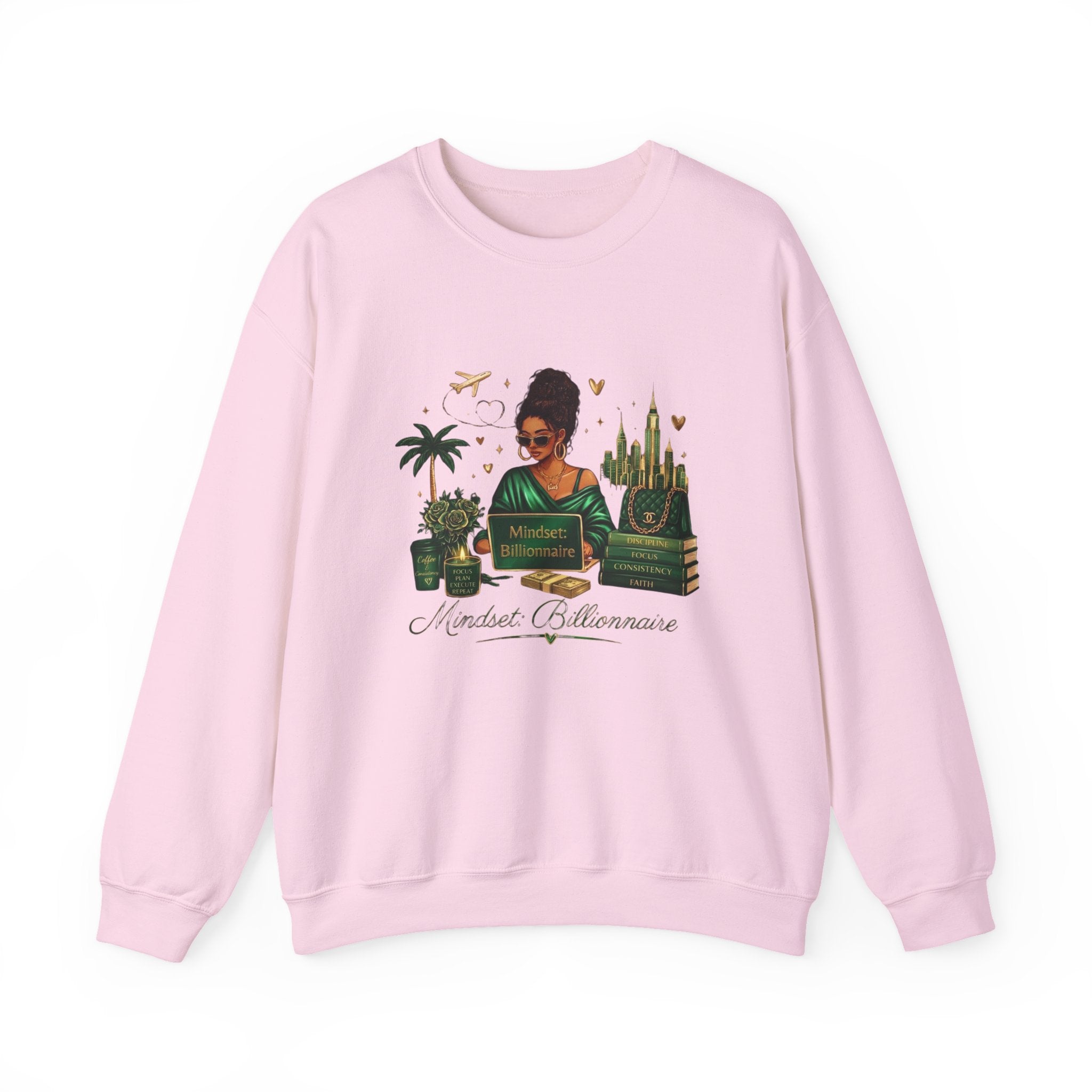 Crewneck Sweatshirt — Mindset Billionaire Graphic (Women Empowerment, Green Luxe)