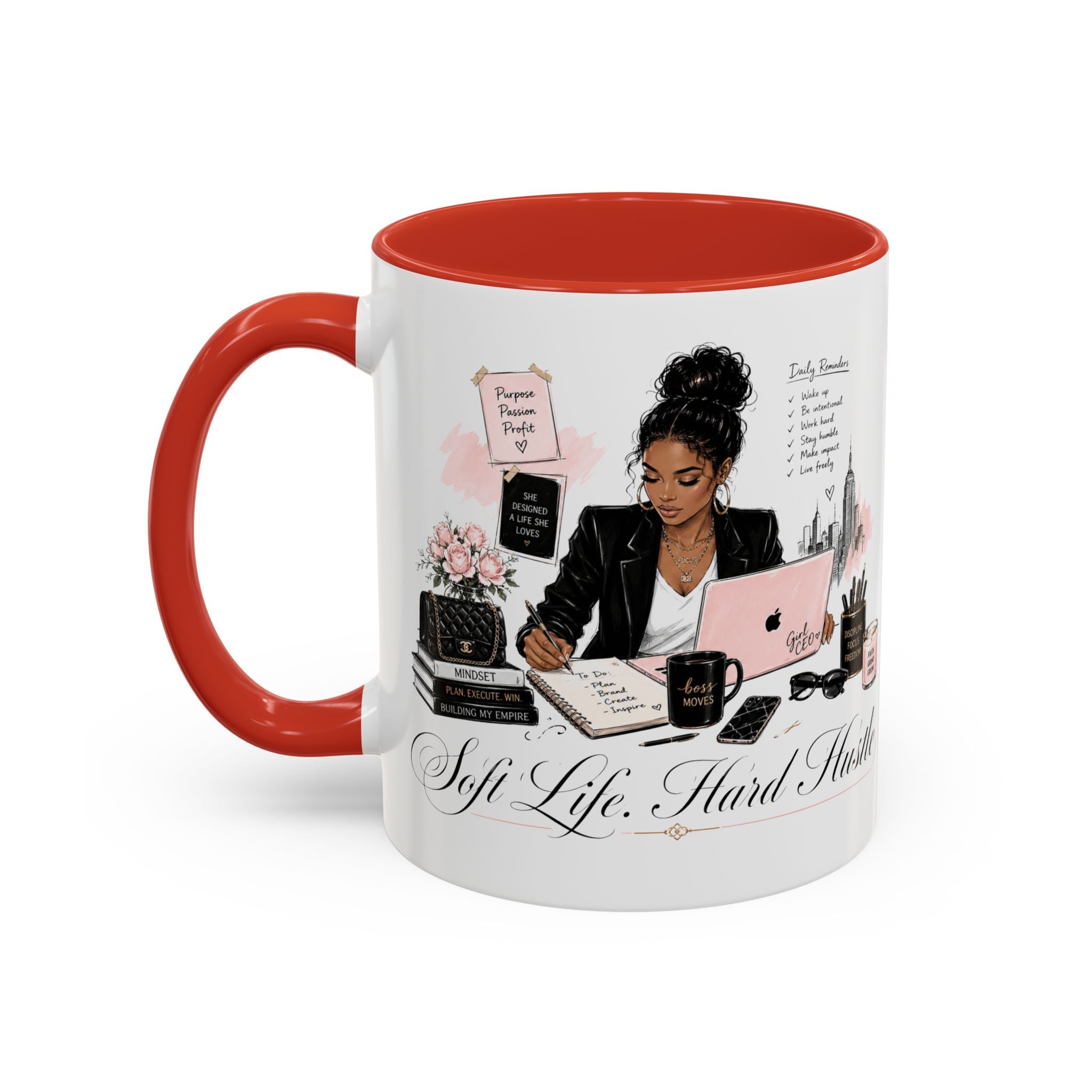Soft Life, Hard Hustle Accent Coffee Mug – Pink & Black Motivational Office Gift
