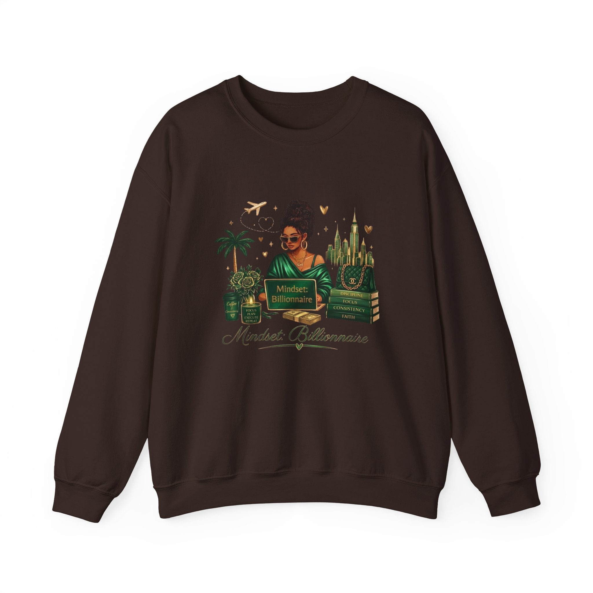 Crewneck Sweatshirt — Mindset Billionaire Graphic (Women Empowerment, Green Luxe)