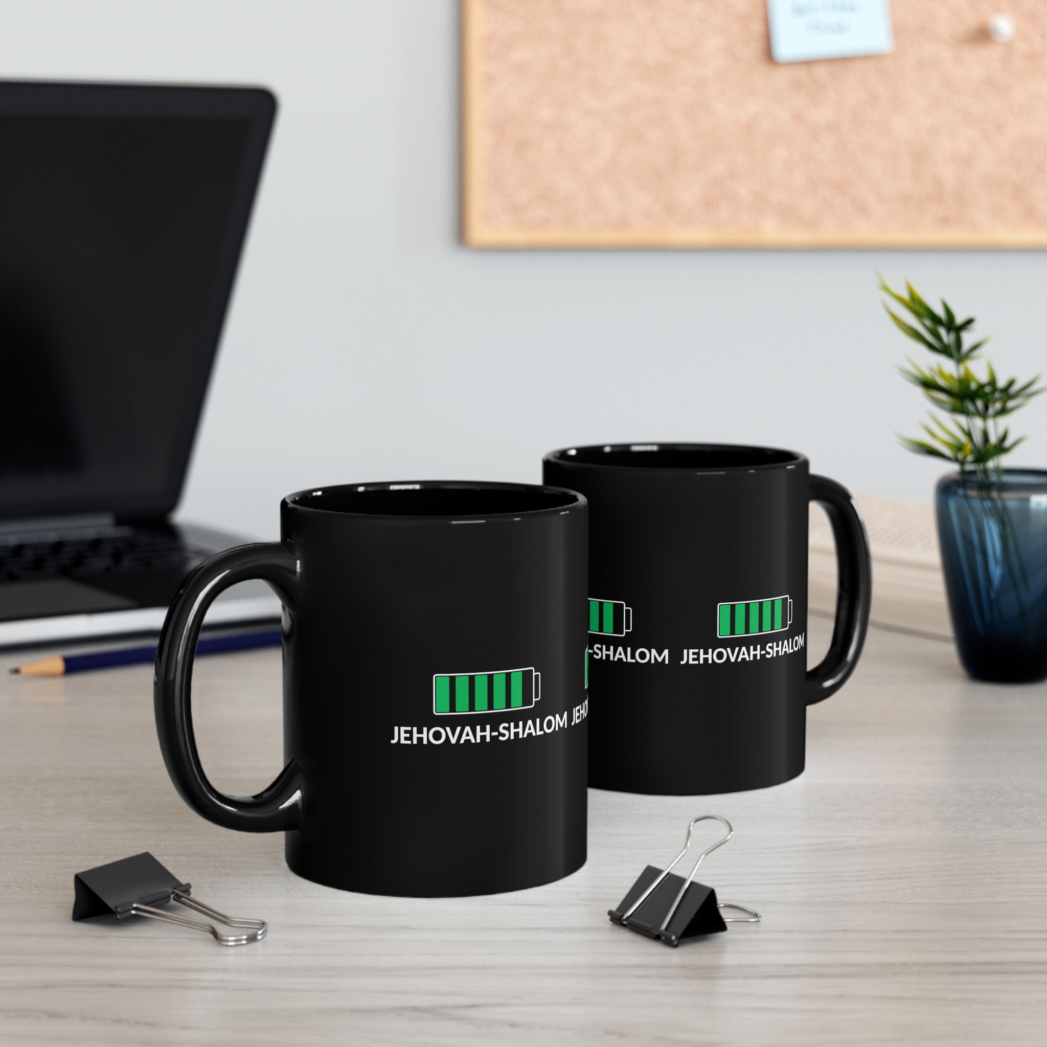 Jehovah-Shalom Battery Charge Black Mug — Faith & Energy Coffee Cup