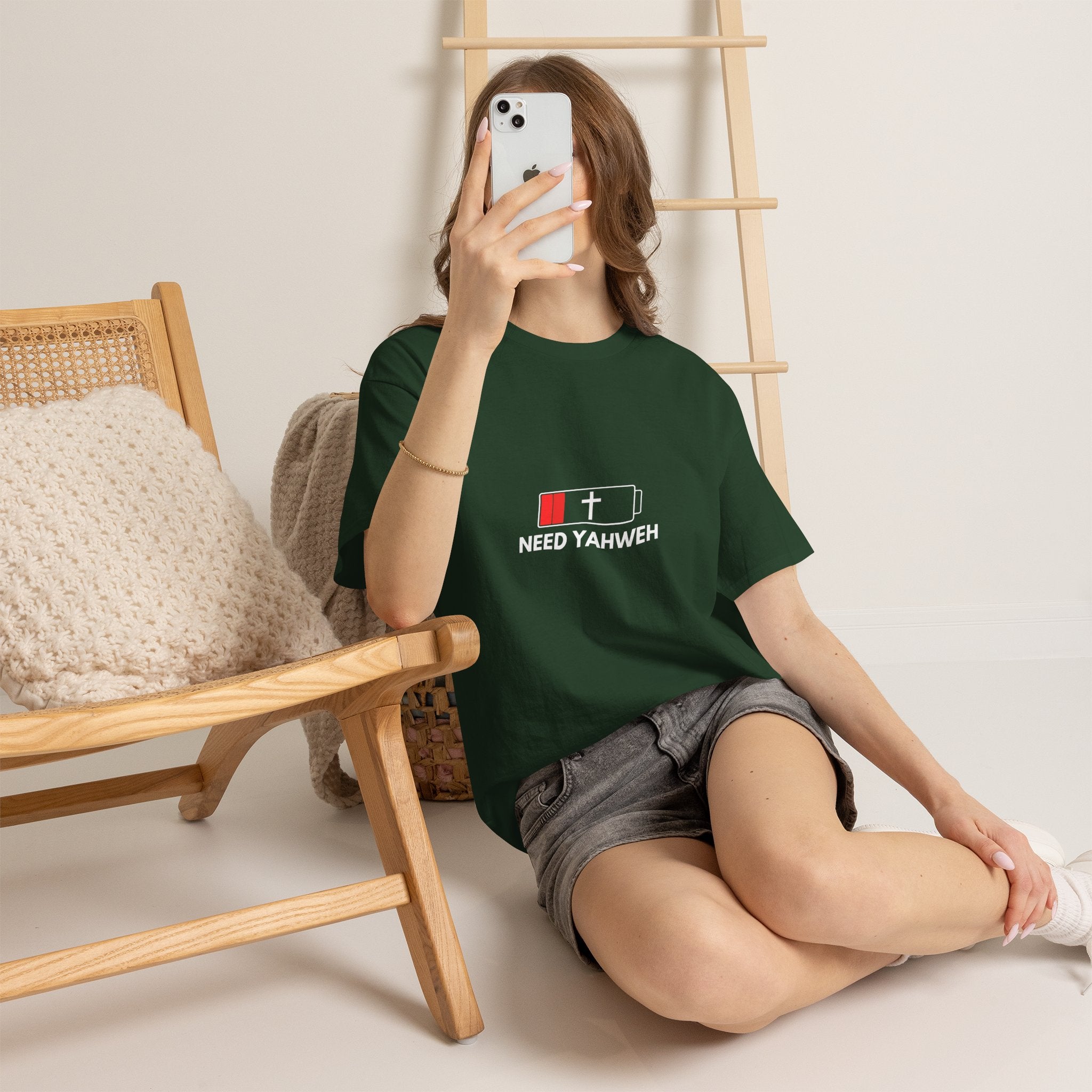 Christian T-Shirt - Low Battery Cross Design "Need Yahweh" Faith Tee