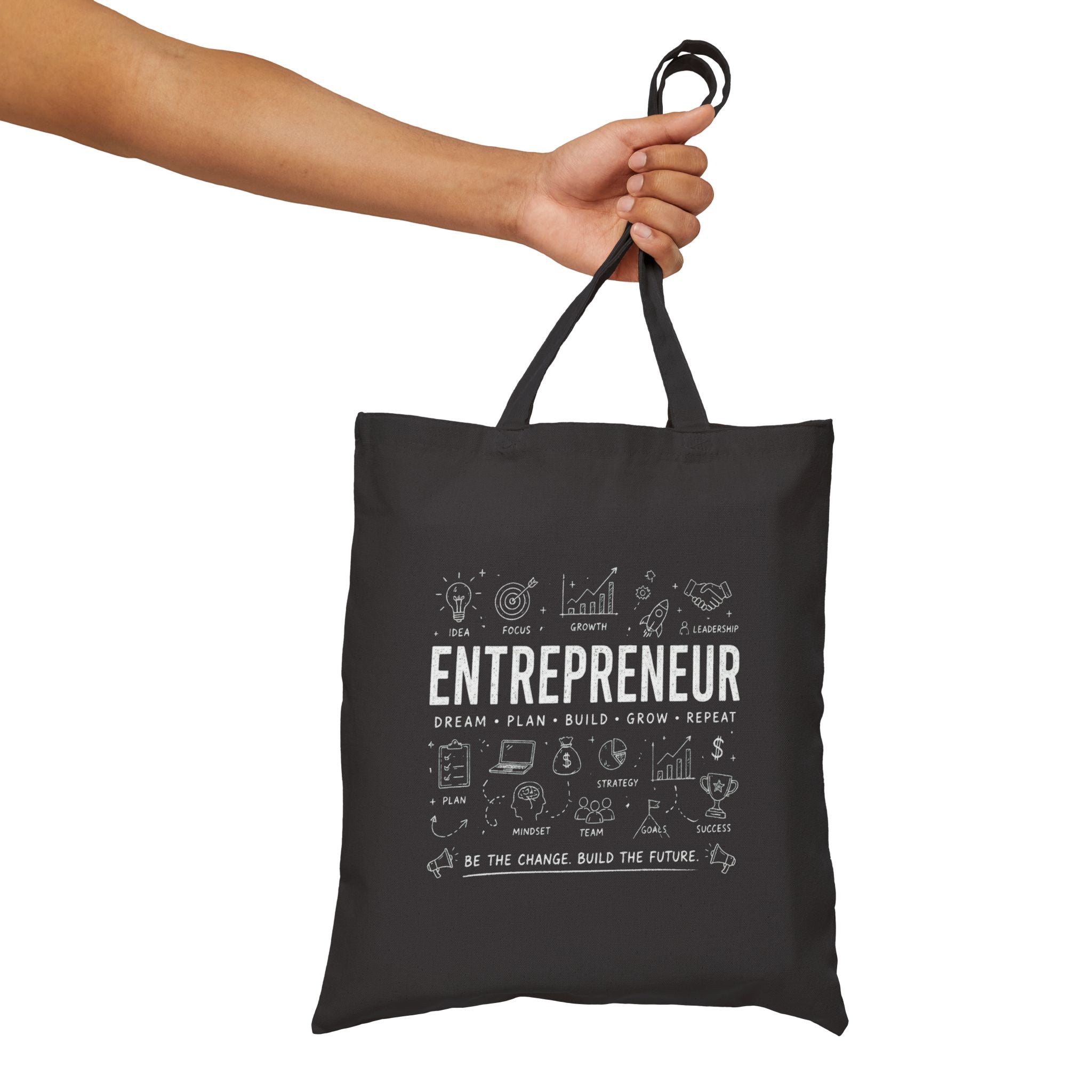 Entrepreneur Canvas Tote Bag — Motivational Business Icons "Dream Plan Build Grow Repeat"