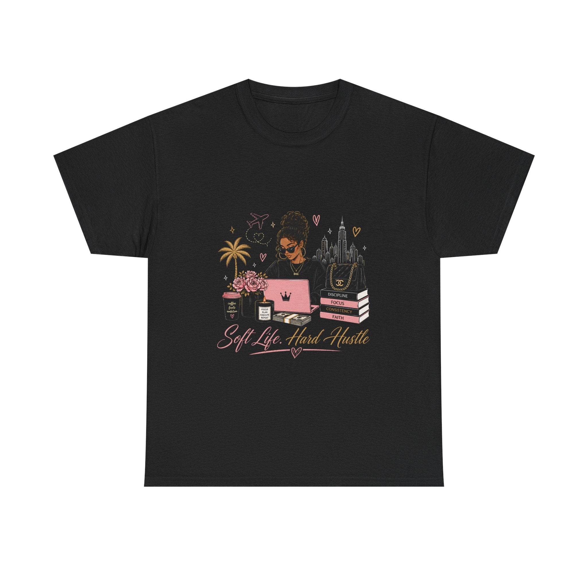 Soft Life, Hard Hustle Tee — Entrepreneur Motivational T-Shirt (Gift for Graduations, Birthdays, Anniversaries)