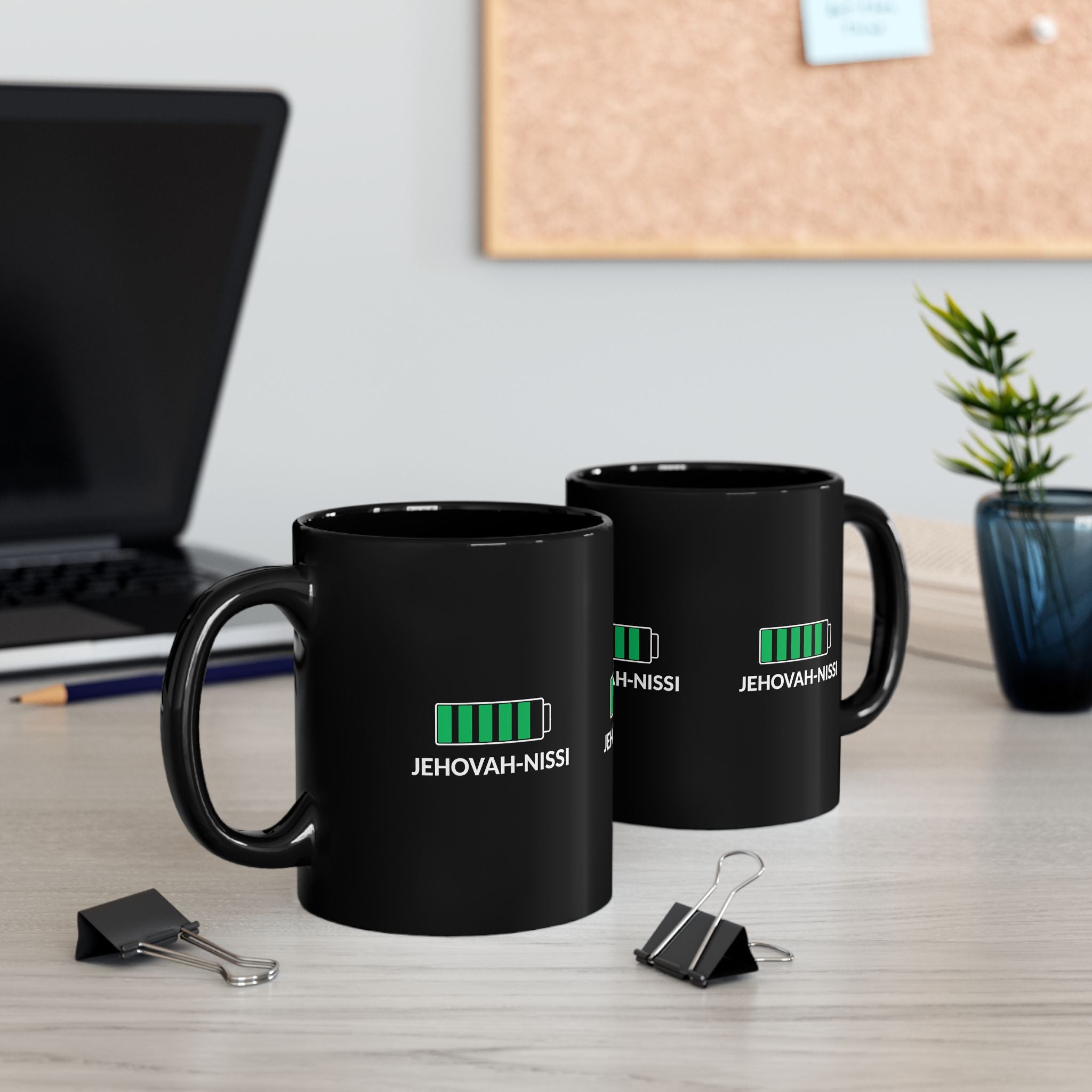 Jehovah-Nissi Battery Mug — Black Inspirational Coffee Cup