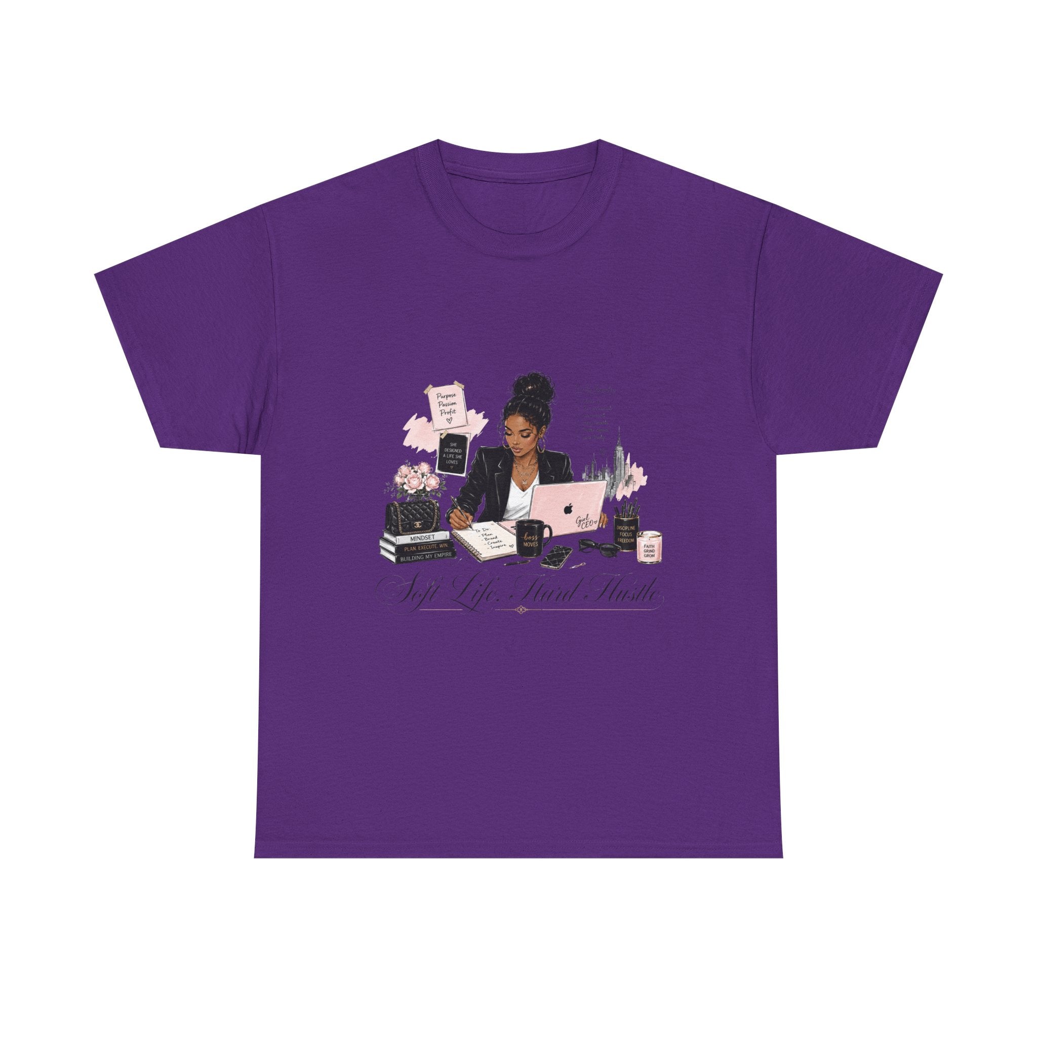 T-Shirt — Girl Boss Desk Art Tee (Soft Pink "Life. Less. Hustle" Design)