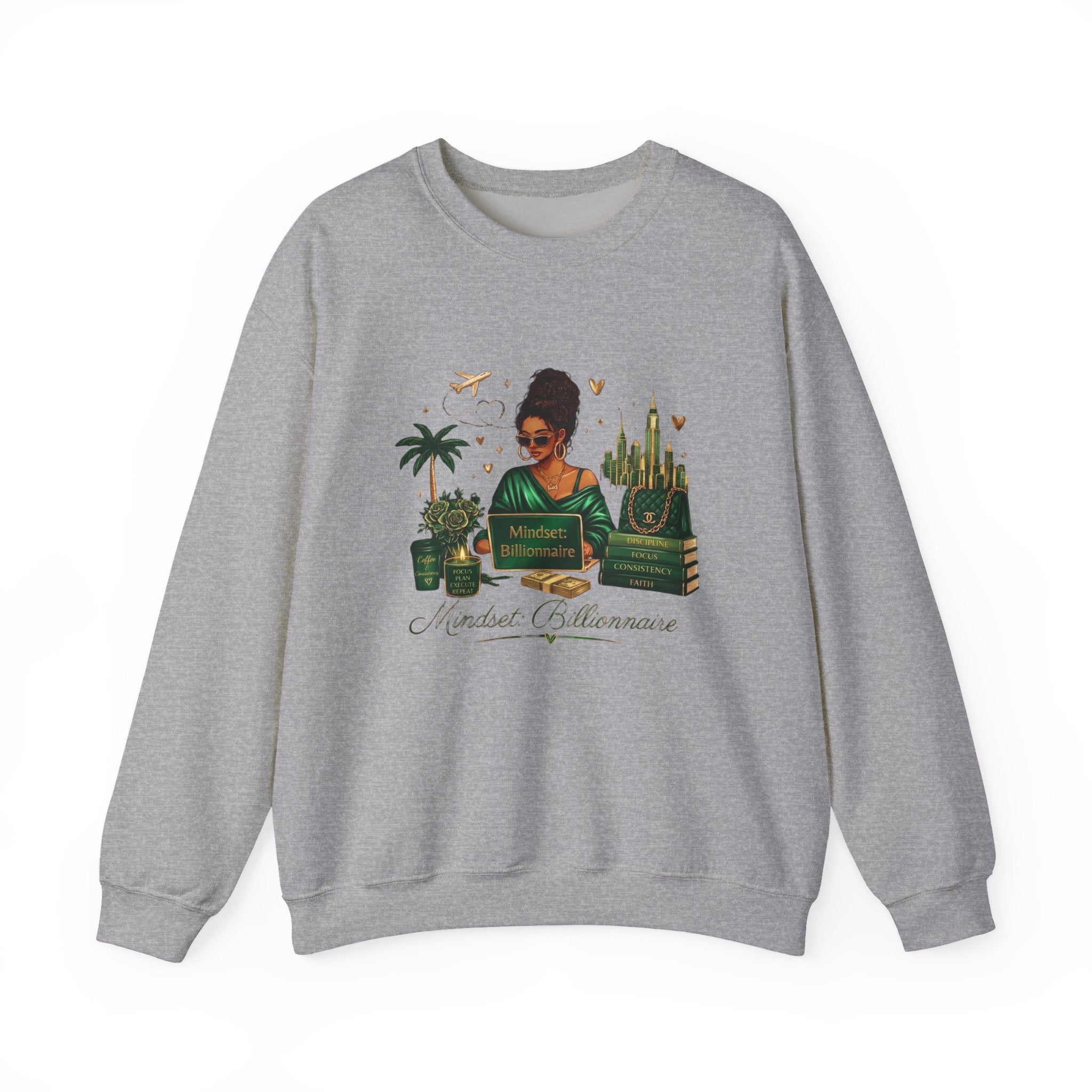 Crewneck Sweatshirt — Mindset Billionaire Graphic (Women Empowerment, Green Luxe)