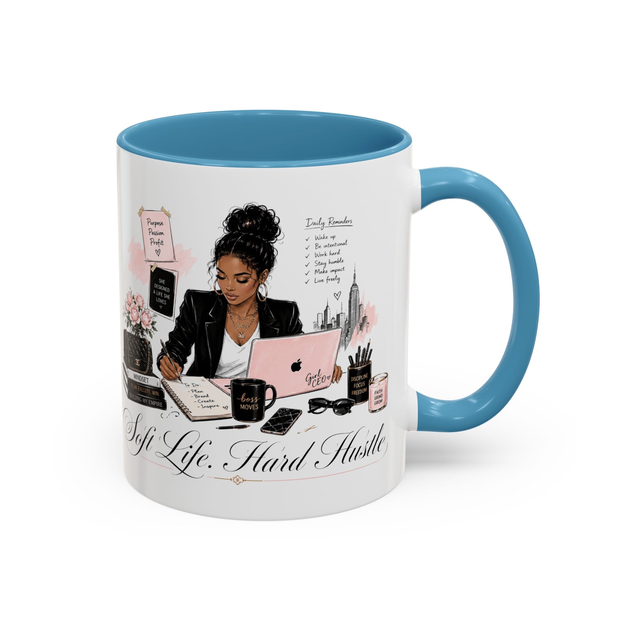 Soft Life, Hard Hustle Accent Coffee Mug – Pink & Black Motivational Office Gift