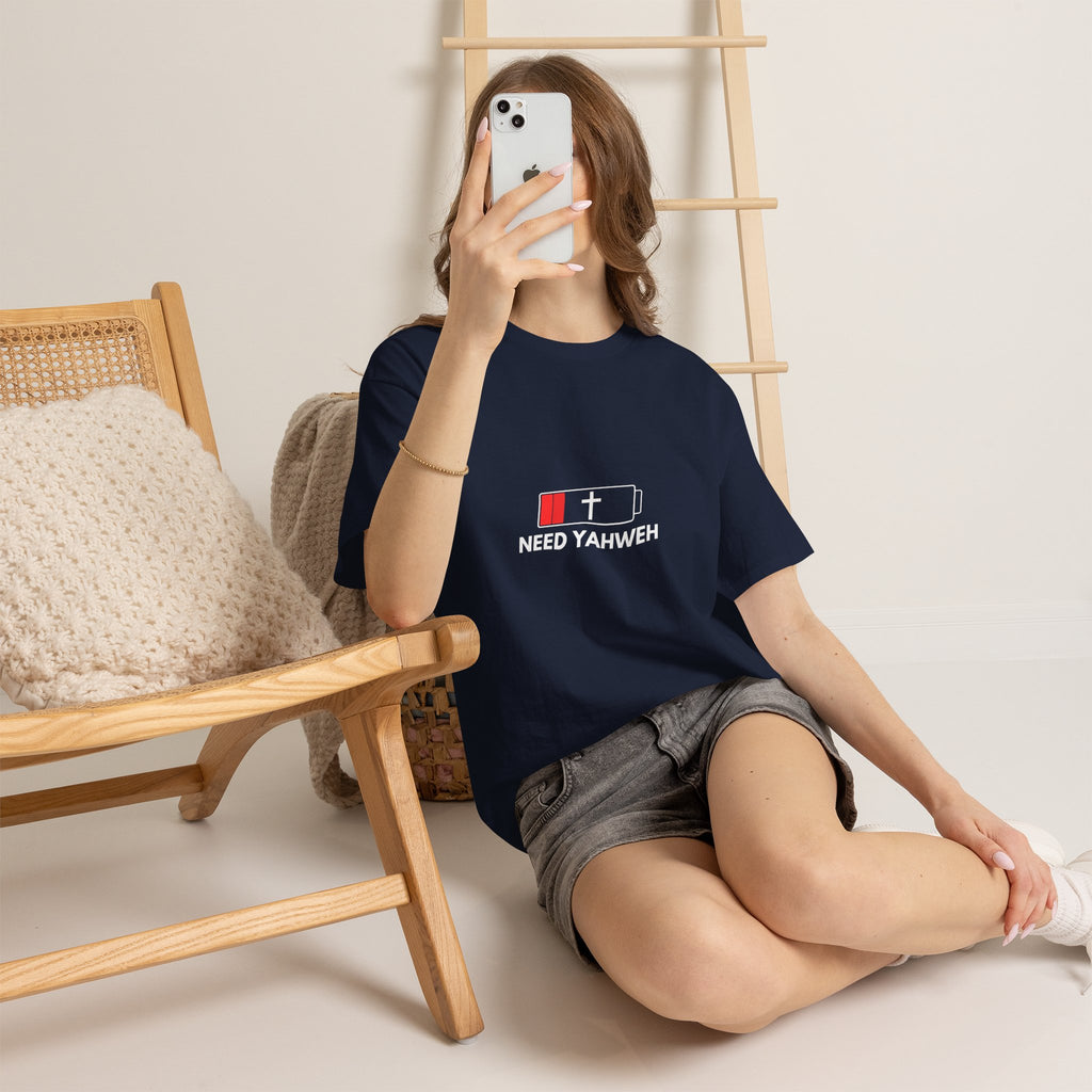 Christian T-Shirt - Low Battery Cross Design "Need Yahweh" Faith Tee
