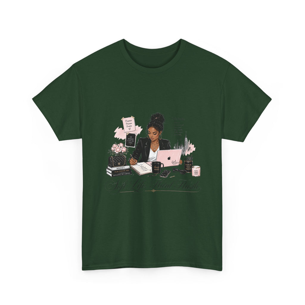 T-Shirt — Girl Boss Desk Art Tee (Soft Pink "Life. Less. Hustle" Design)