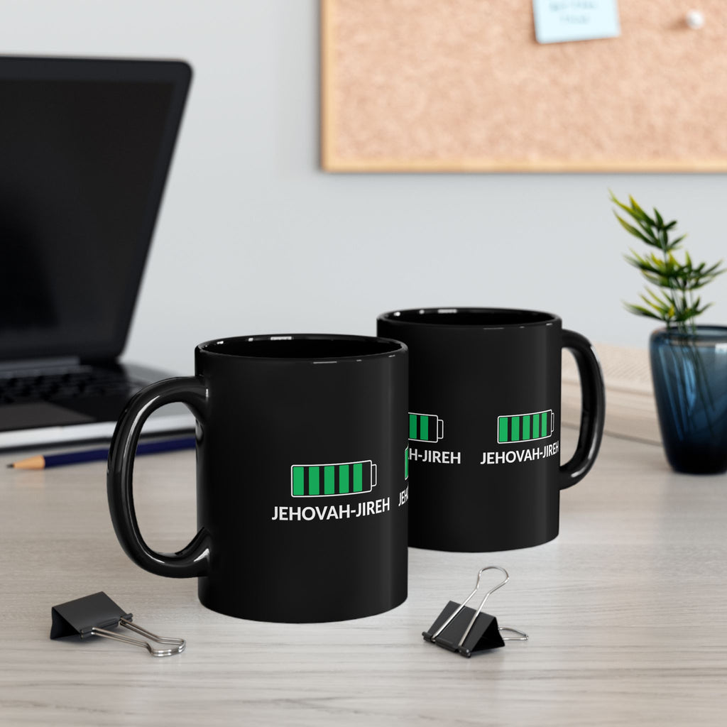 Jehovah-Jireh Battery Icon Black Mug — Faith-Focused Coffee Cup (11oz, 15oz)