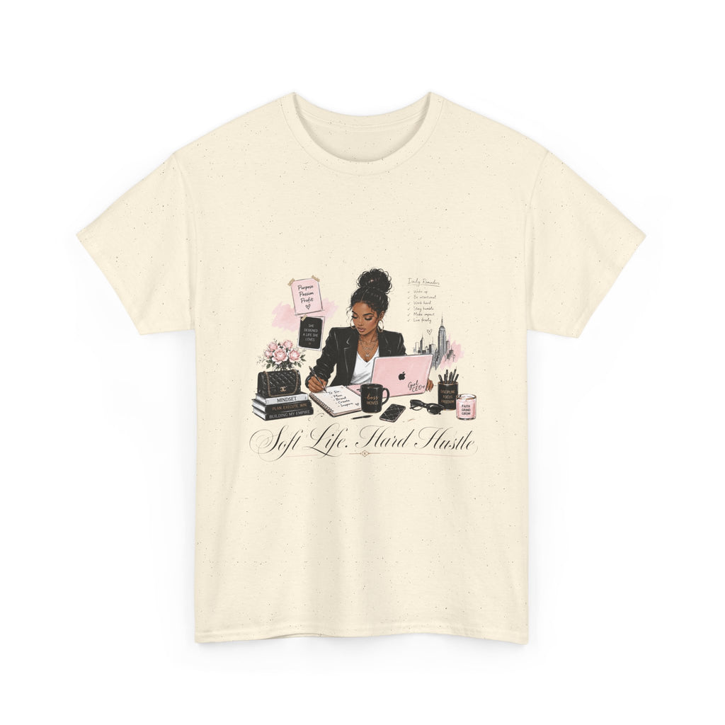 T-Shirt — Girl Boss Desk Art Tee (Soft Pink "Life. Less. Hustle" Design)