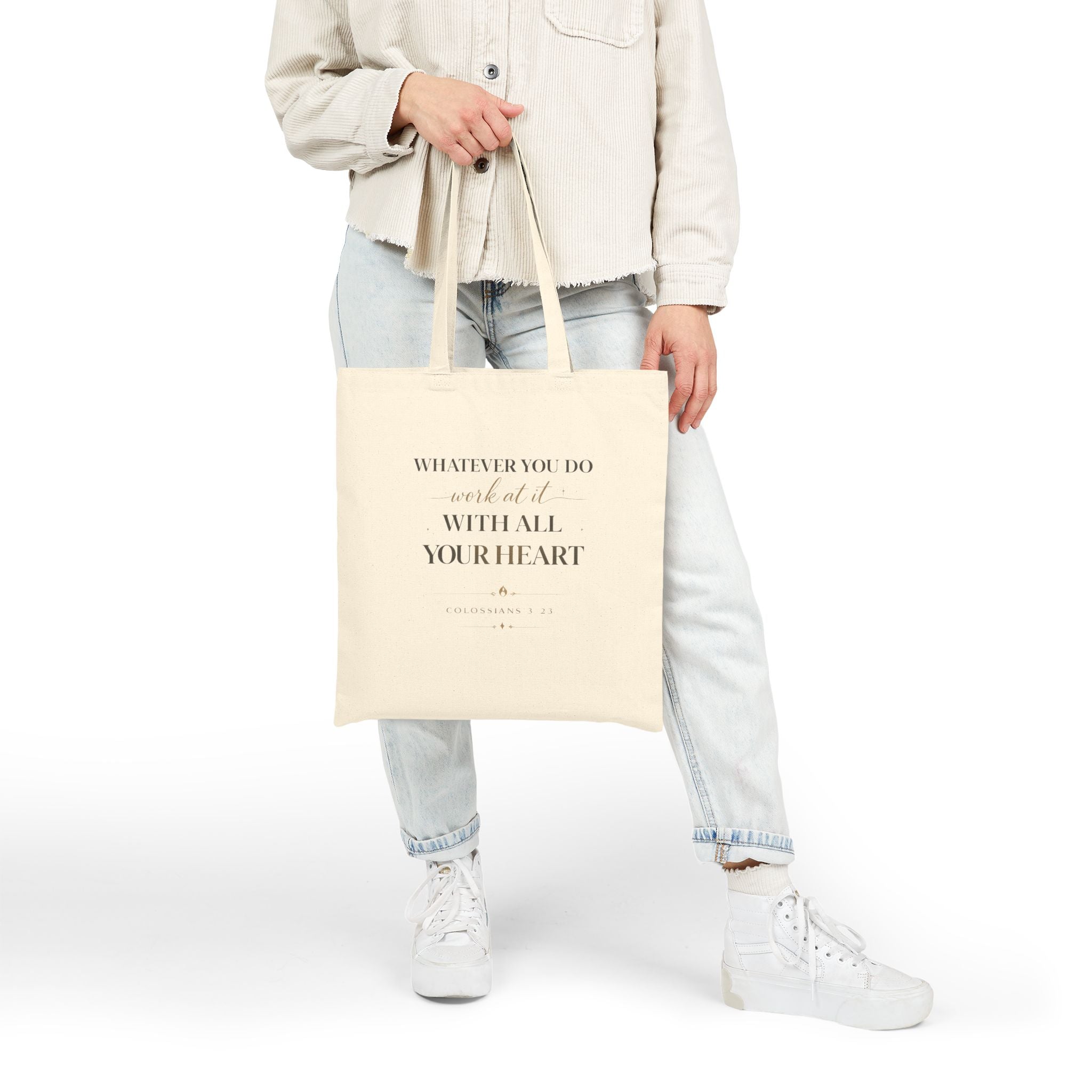 Canvas Tote Bag — "Whatever You Do, Work at It With All Your Heart" Inspirational Grocery & Everyday Carry Tote