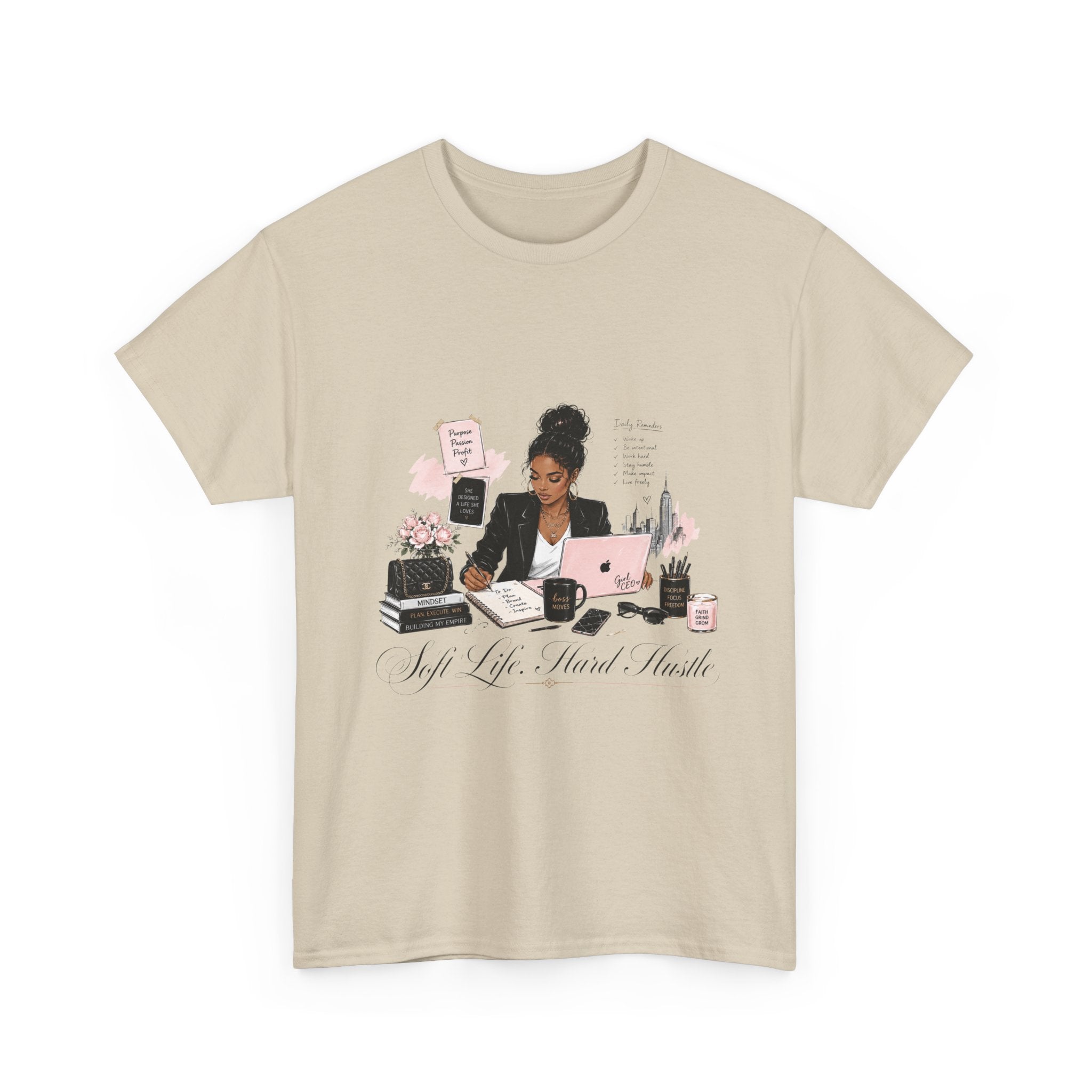 T-Shirt — Girl Boss Desk Art Tee (Soft Pink "Life. Less. Hustle" Design)