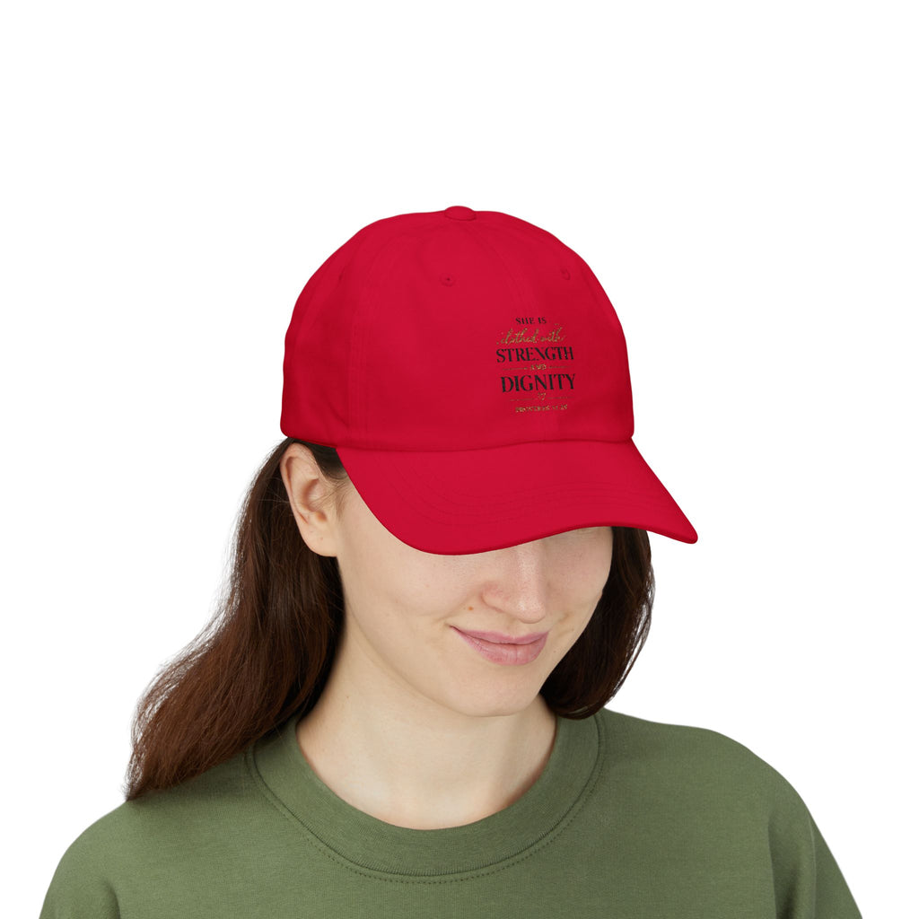She Is Clothed in Strength and Dignity Dad Cap — Bible Verse Inspirational Hat