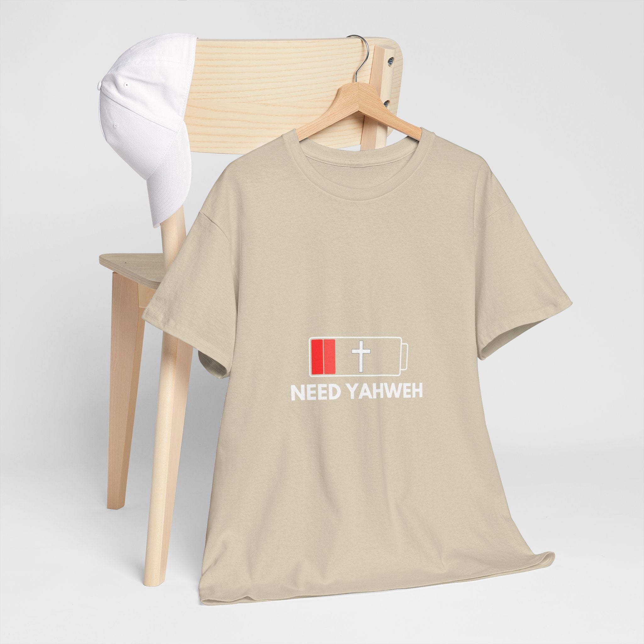 Christian T-Shirt - Low Battery Cross Design "Need Yahweh" Faith Tee