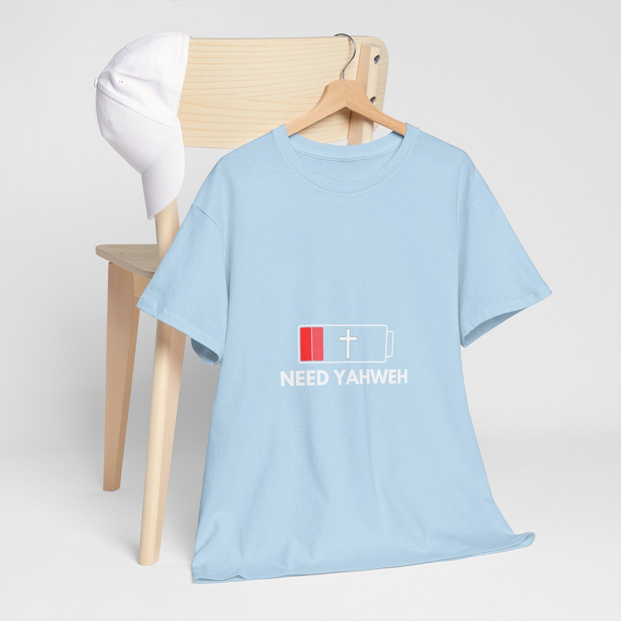 Christian T-Shirt - Low Battery Cross Design "Need Yahweh" Faith Tee