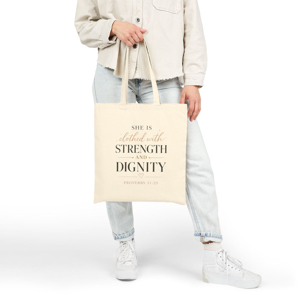 Proverbs 31 "Clothed with Strength and Dignity" Cotton Tote Bag