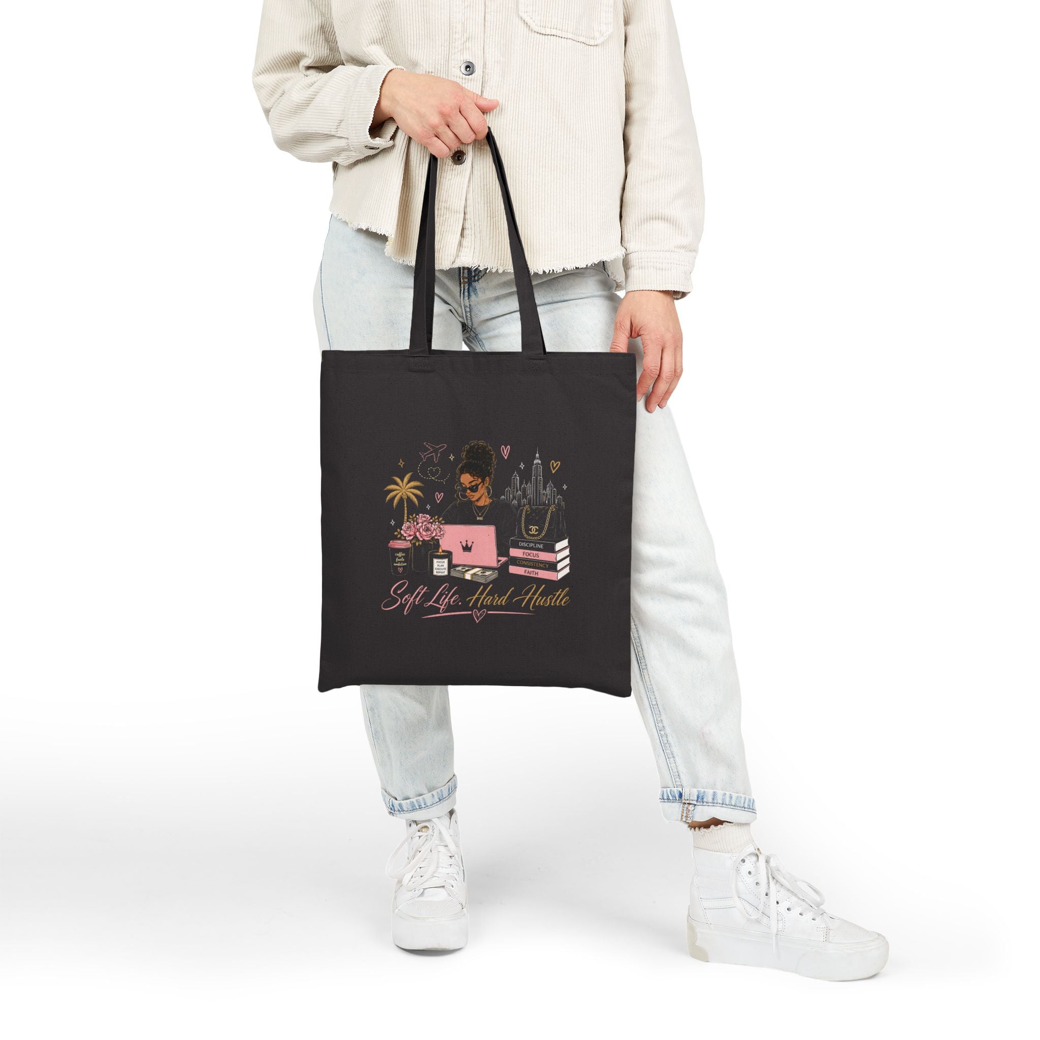 Tote Bag — "Soft Life, Hard Hustle" Black Canvas Tote for Women (Work, Study & Everyday)