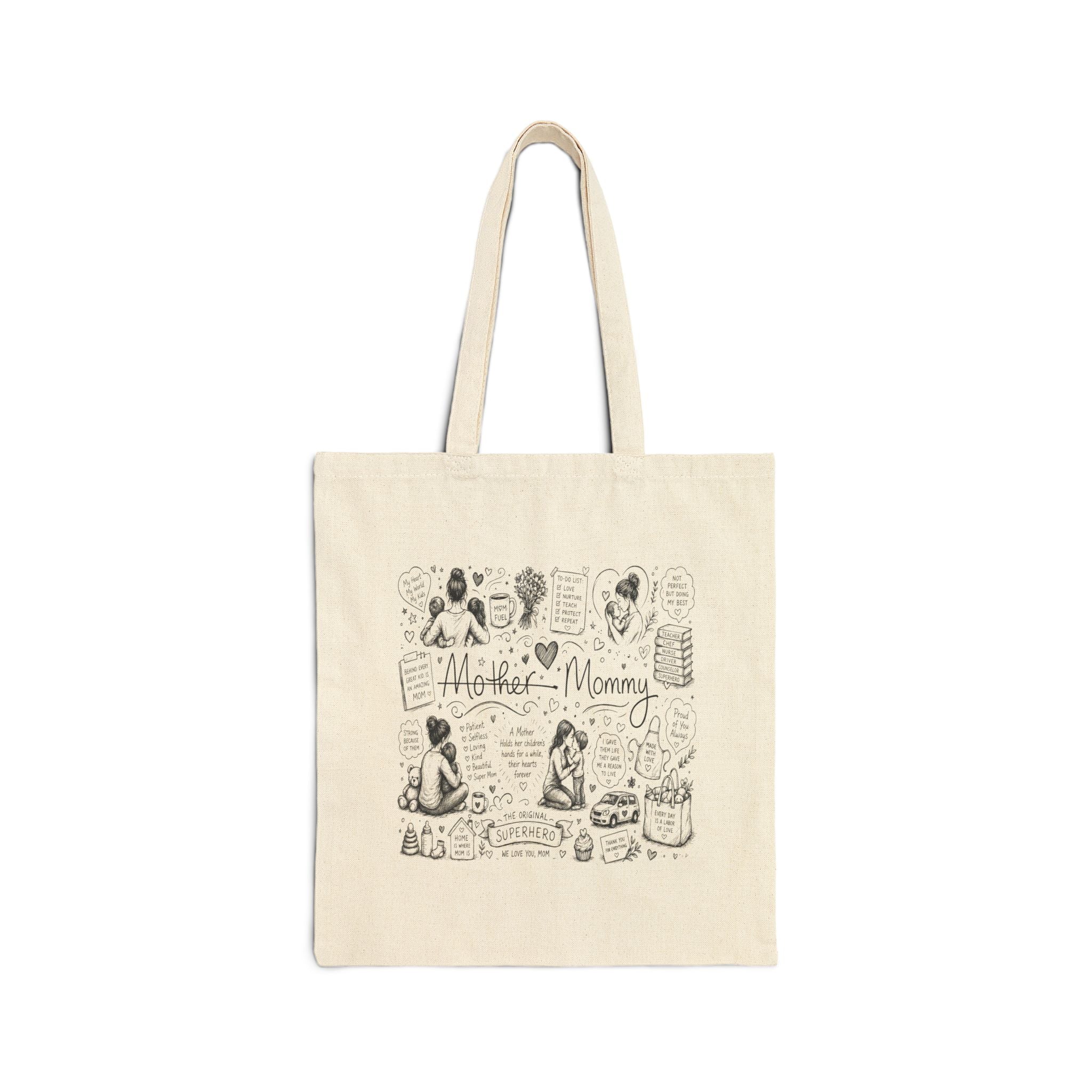 Mother-Mommy Illustrated Canvas Tote Bag — Cute Hand-Drawn Mom & Baby Design