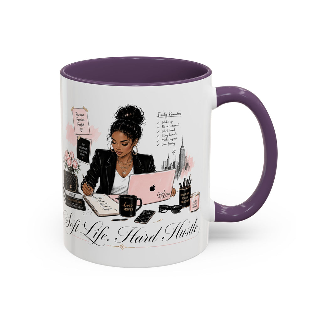 Soft Life, Hard Hustle Accent Coffee Mug – Pink & Black Motivational Office Gift