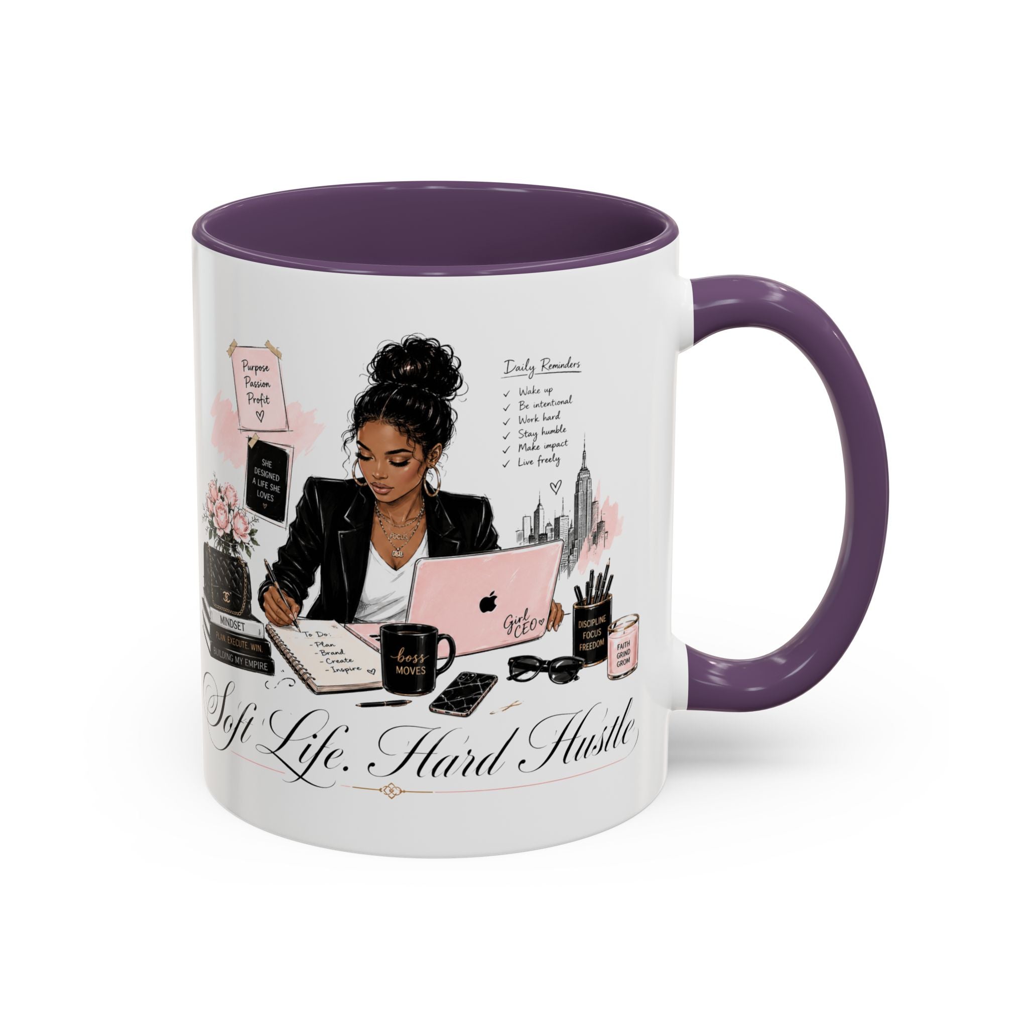 Soft Life, Hard Hustle Accent Coffee Mug – Pink & Black Motivational Office Gift