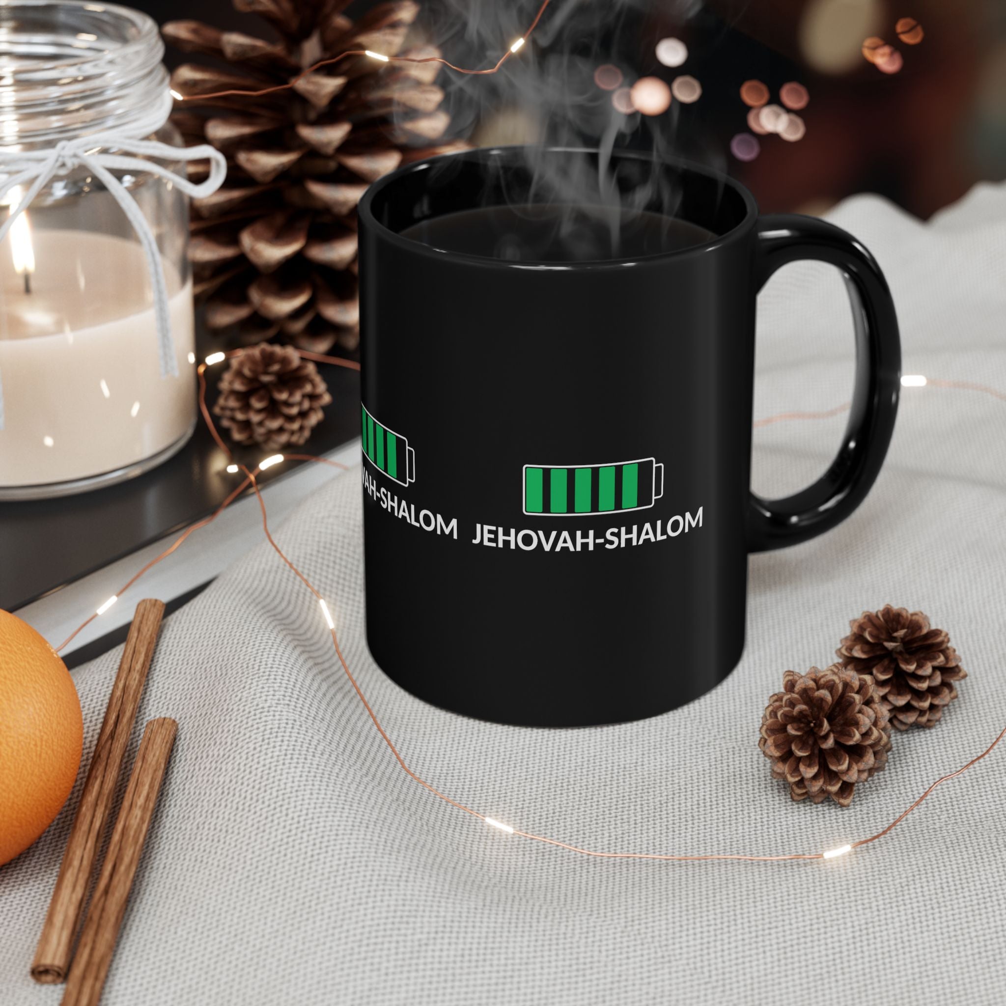 Jehovah-Shalom Battery Charge Black Mug — Faith & Energy Coffee Cup