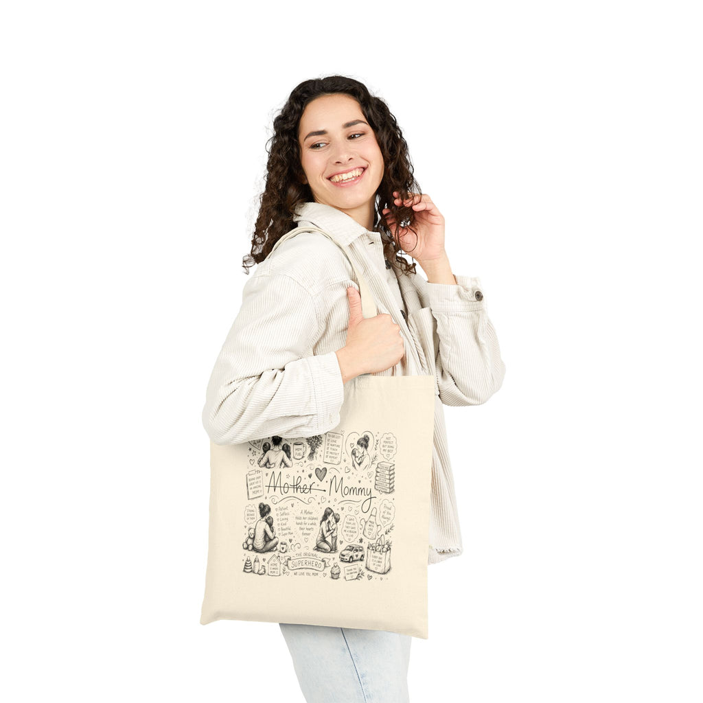 Mother-Mommy Illustrated Canvas Tote Bag — Cute Hand-Drawn Mom & Baby Design