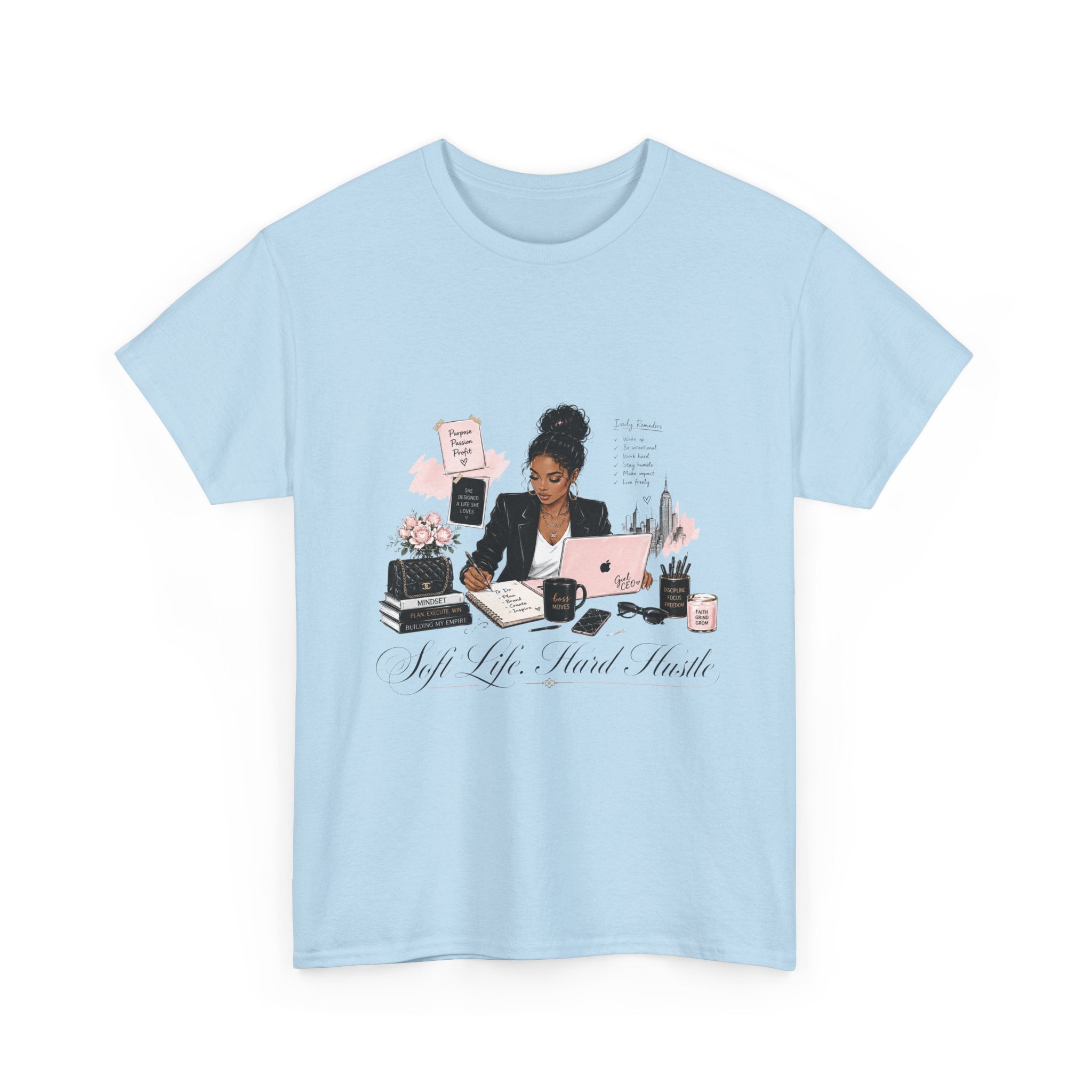 T-Shirt — Girl Boss Desk Art Tee (Soft Pink "Life. Less. Hustle" Design)