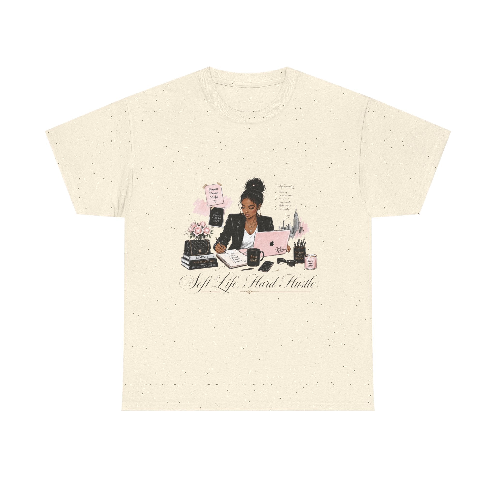 T-Shirt — Girl Boss Desk Art Tee (Soft Pink "Life. Less. Hustle" Design)