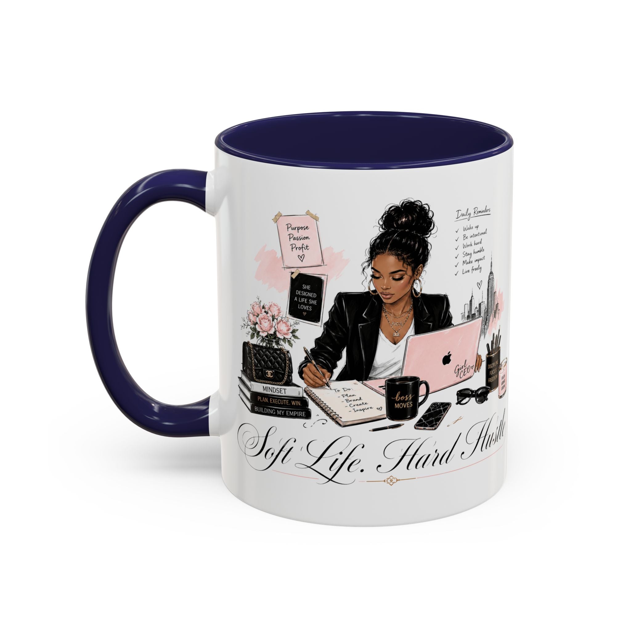 Soft Life, Hard Hustle Accent Coffee Mug – Pink & Black Motivational Office Gift