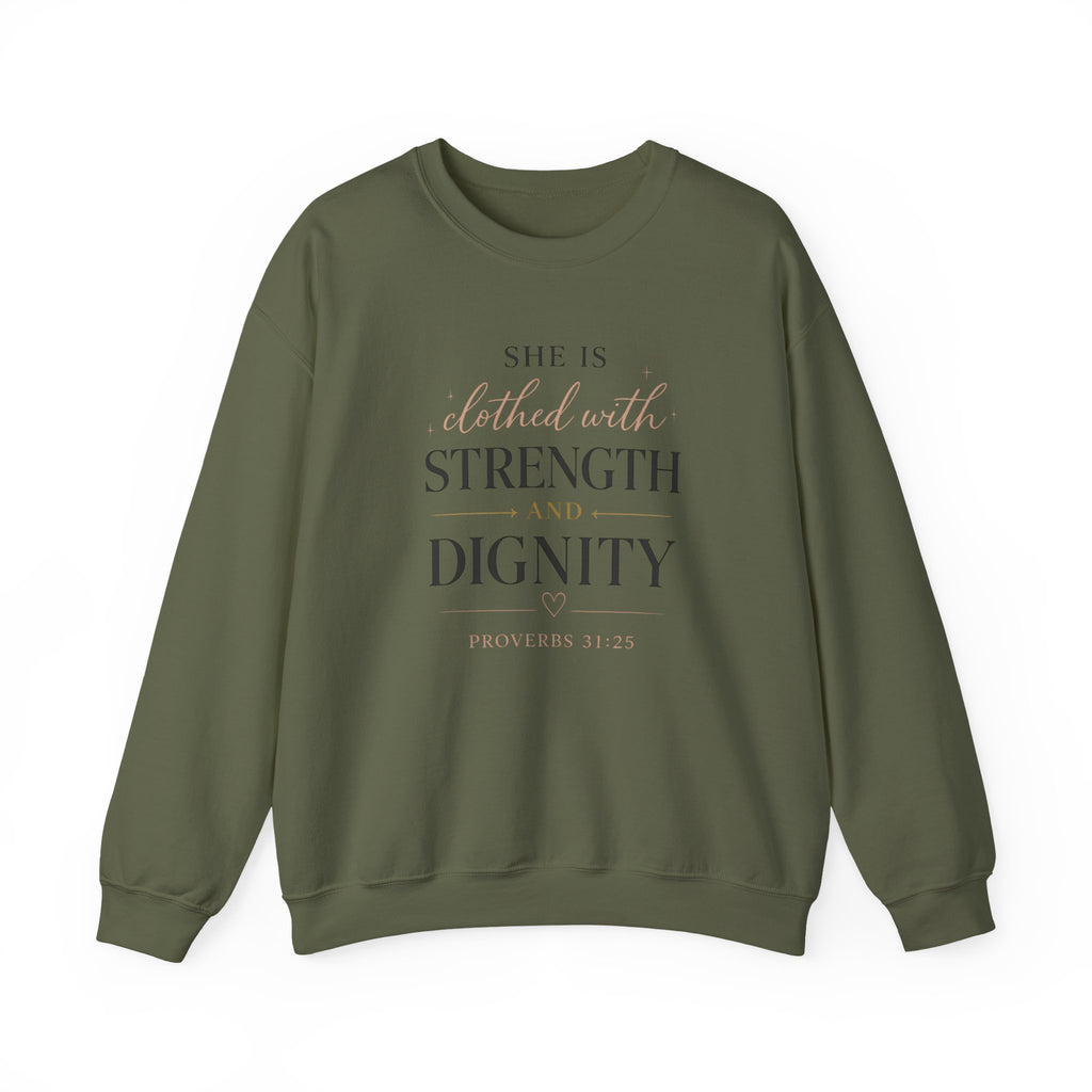 Crewneck Sweatshirt — "She Is Clothed with Strength and Dignity" Inspirational Christian Apparel