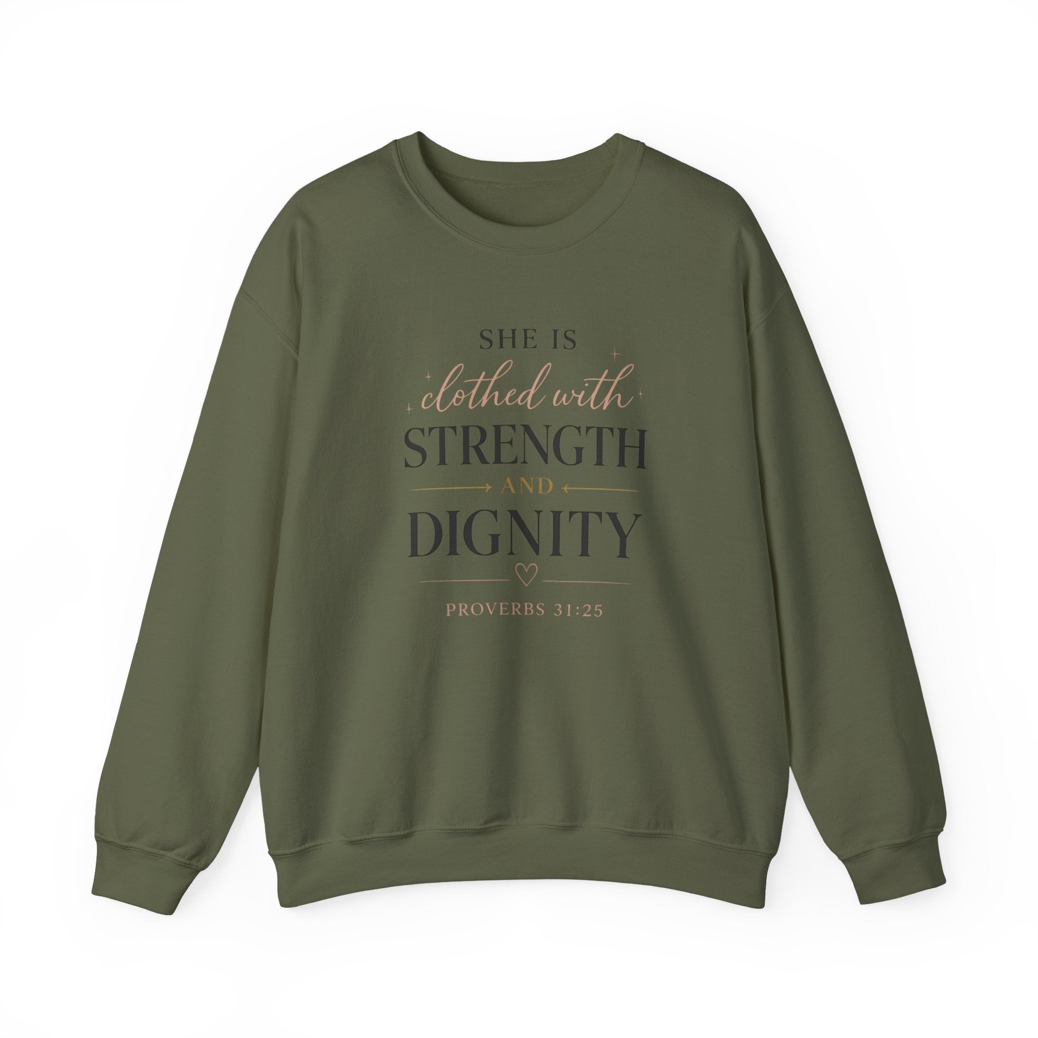 Crewneck Sweatshirt — "She Is Clothed with Strength and Dignity" Inspirational Christian Apparel