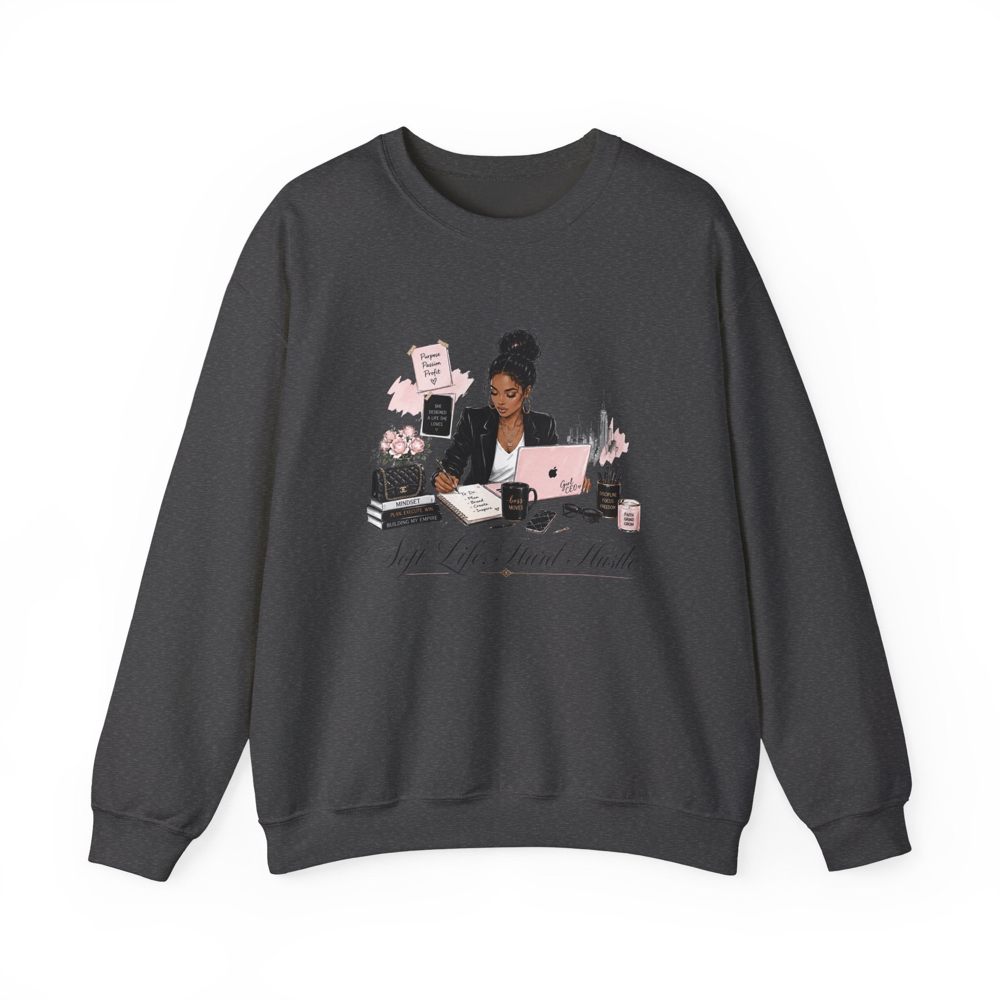 Crewneck Sweatshirt — Girl Boss Desk Illustration (“My Life, Mental Health”)