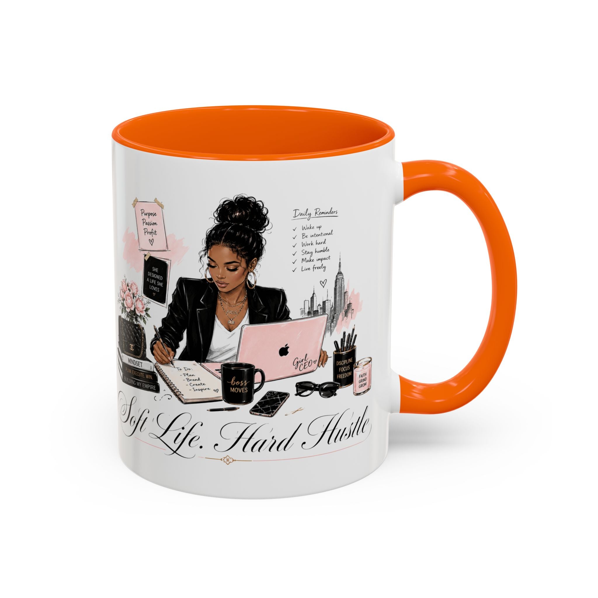 Soft Life, Hard Hustle Accent Coffee Mug – Pink & Black Motivational Office Gift