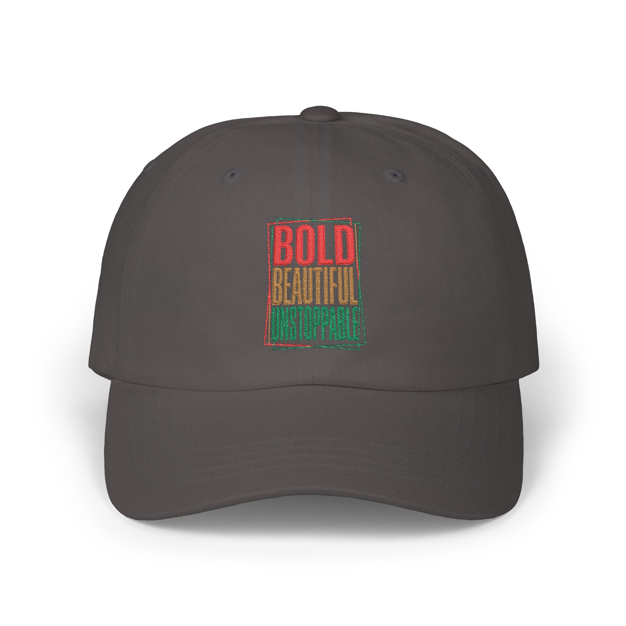 Dad Cap — "Bold, Beautiful, Unstoppable" Vintage Rasta Text Embroidered Hat
