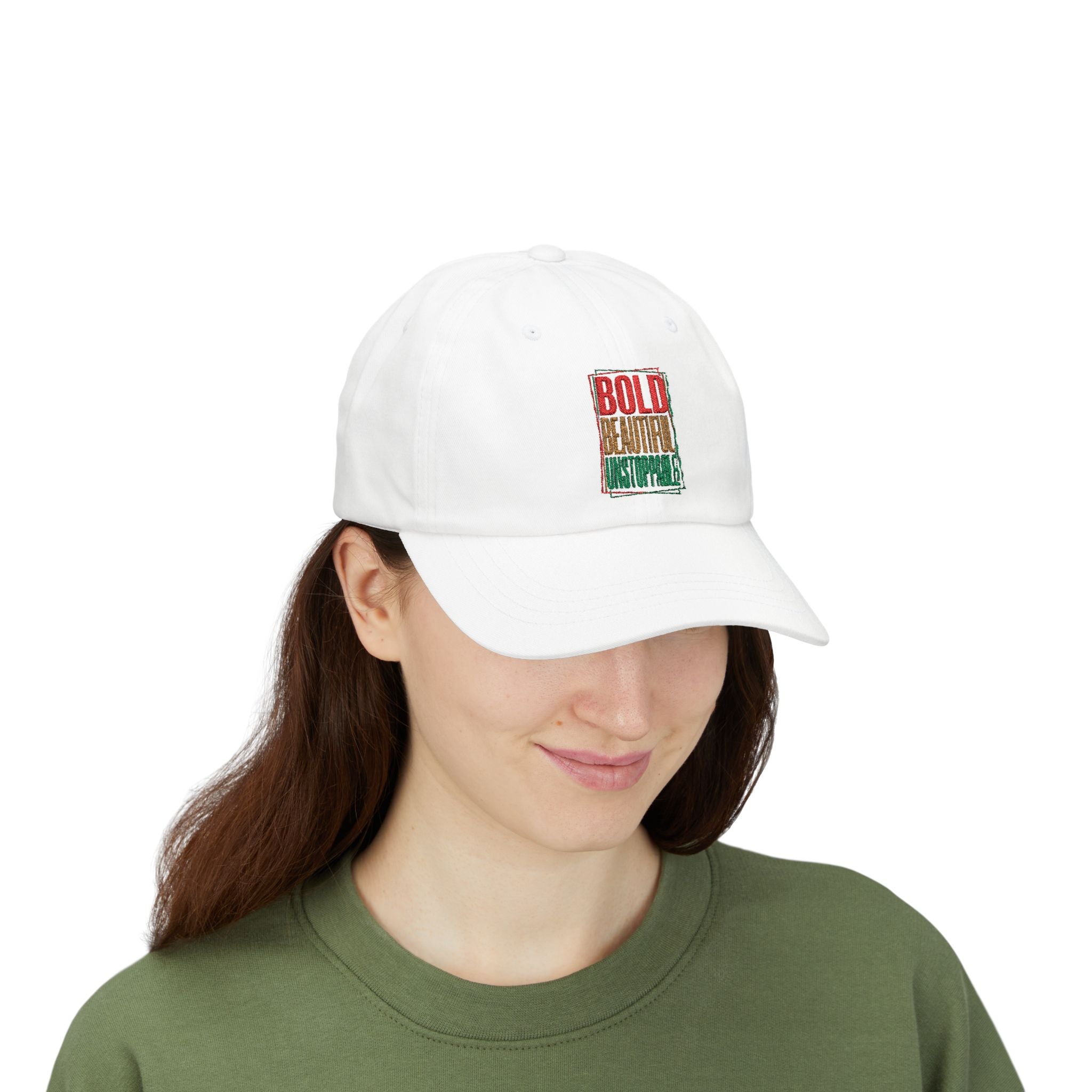 Dad Cap — "Bold, Beautiful, Unstoppable" Vintage Rasta Text Embroidered Hat